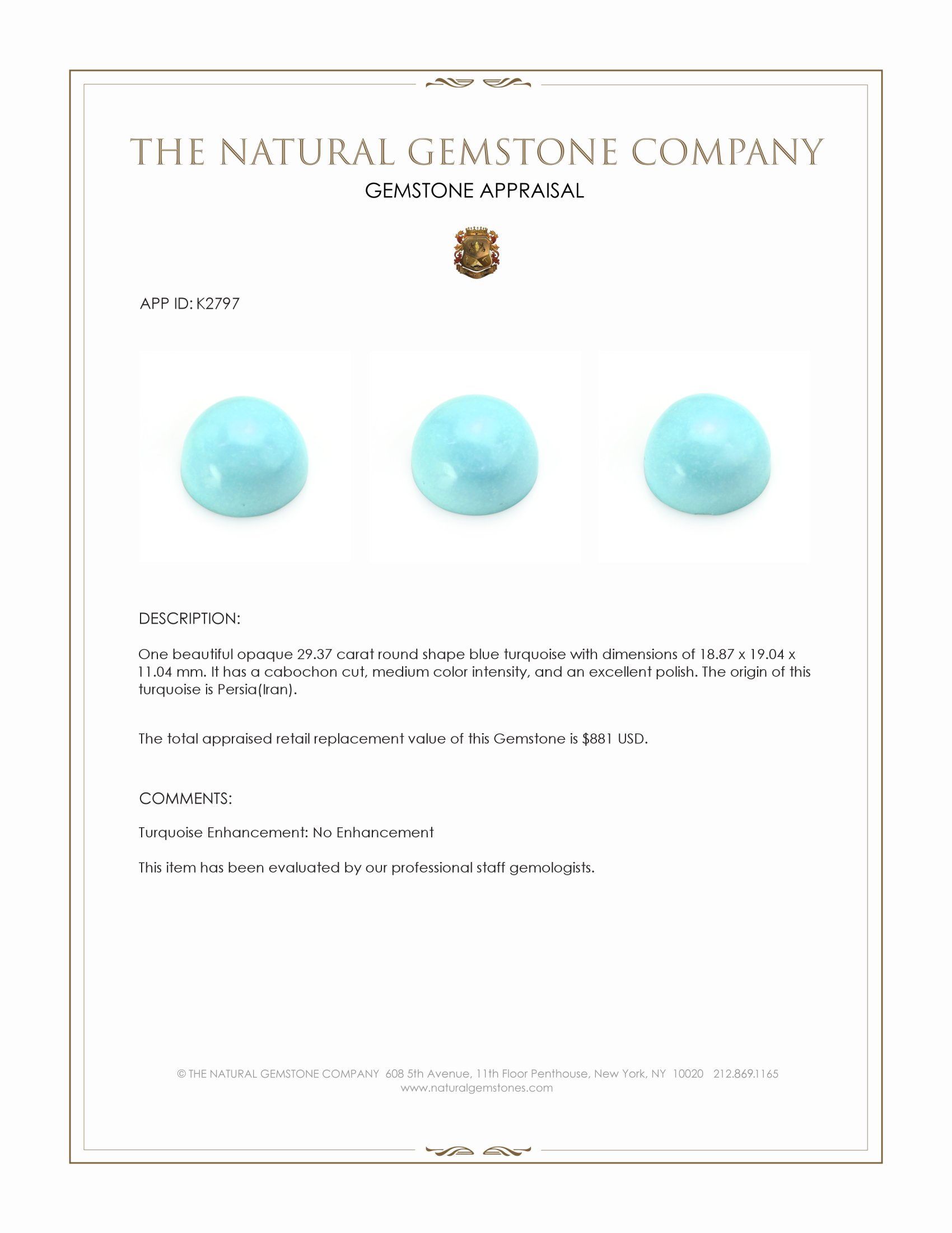 29.37 Ct. Blue Cabochon Turquoise from Persia(Iran)