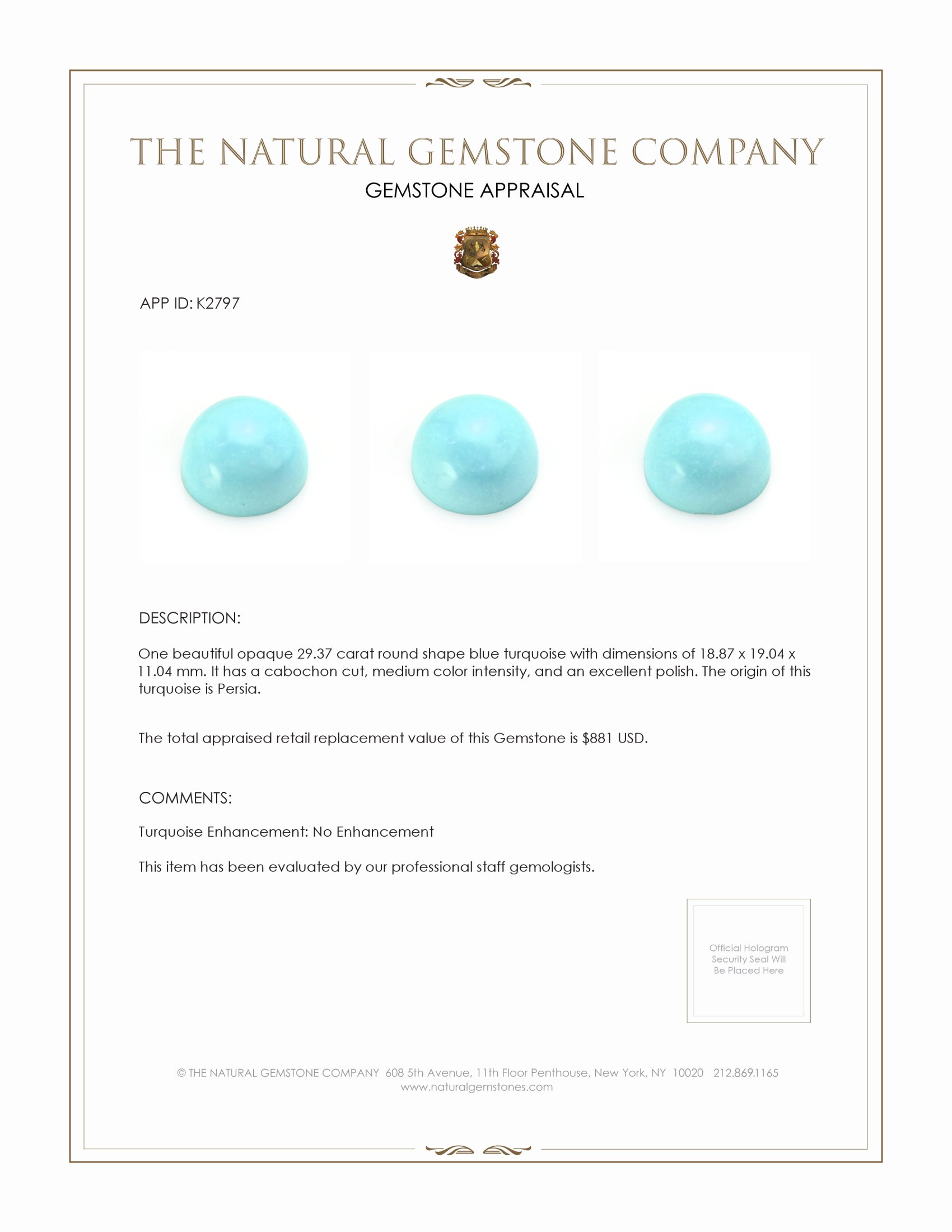 29.37 Ct. Cabochon Turquoise from Persia