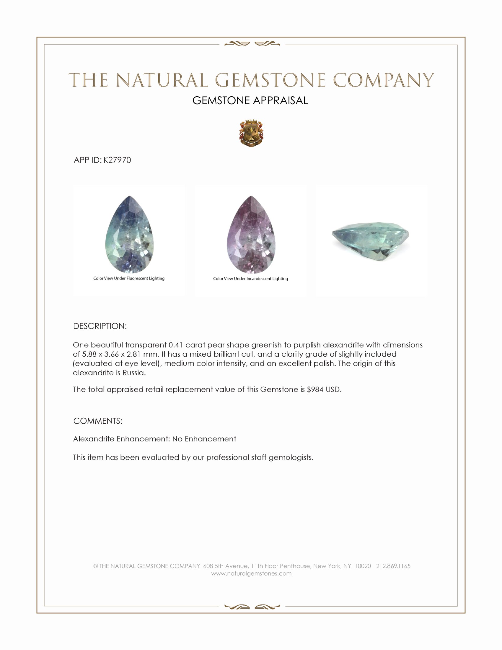 0.41 Ct. Alexandrite from Russia