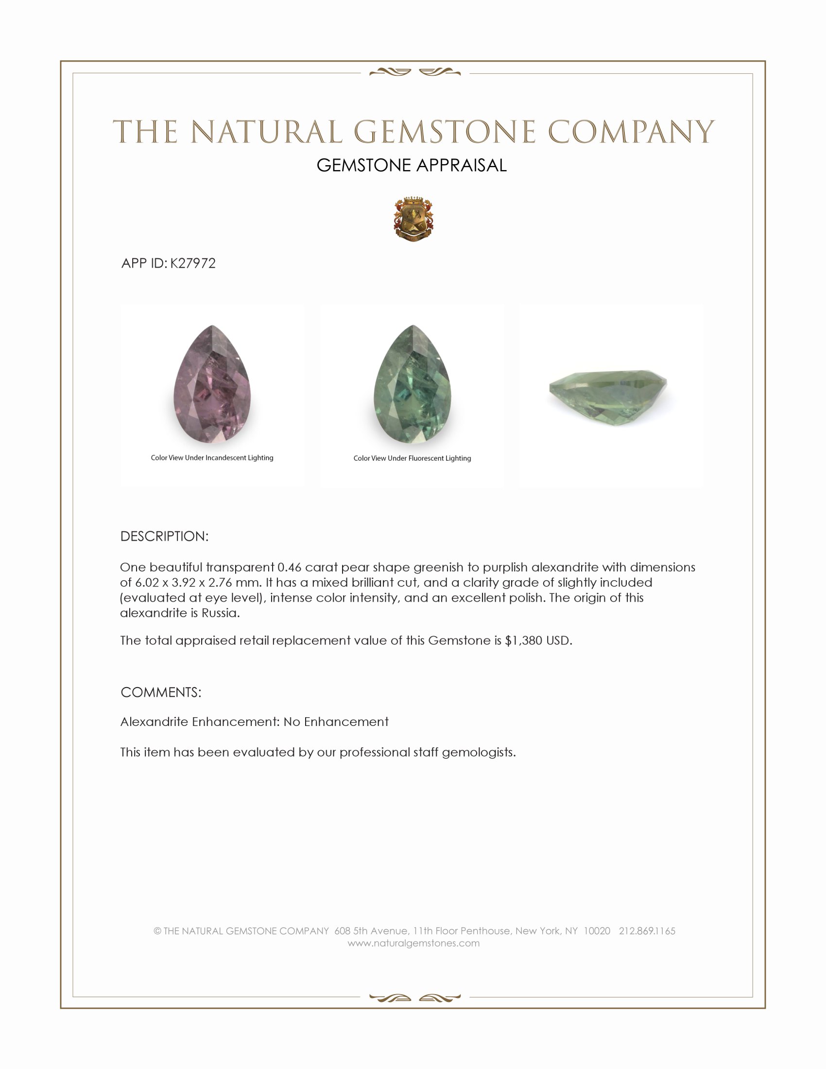 0.46 Ct. Alexandrite from Russia