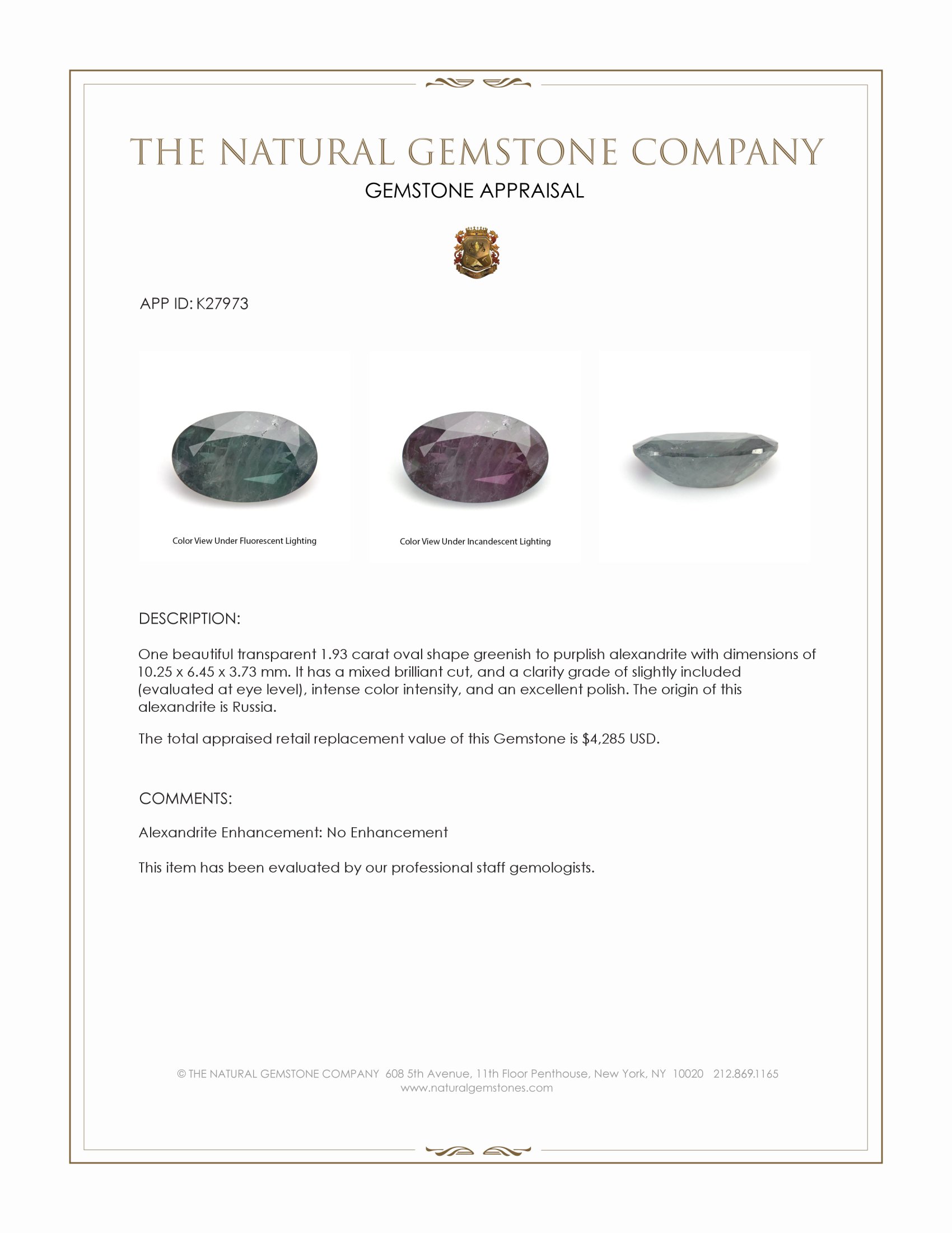 1.93 Ct. Alexandrite from Russia