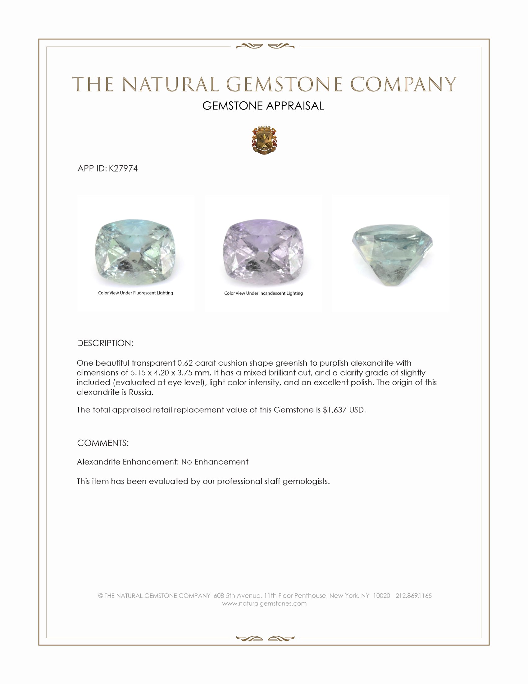 0.62 Ct. Alexandrite from Russia