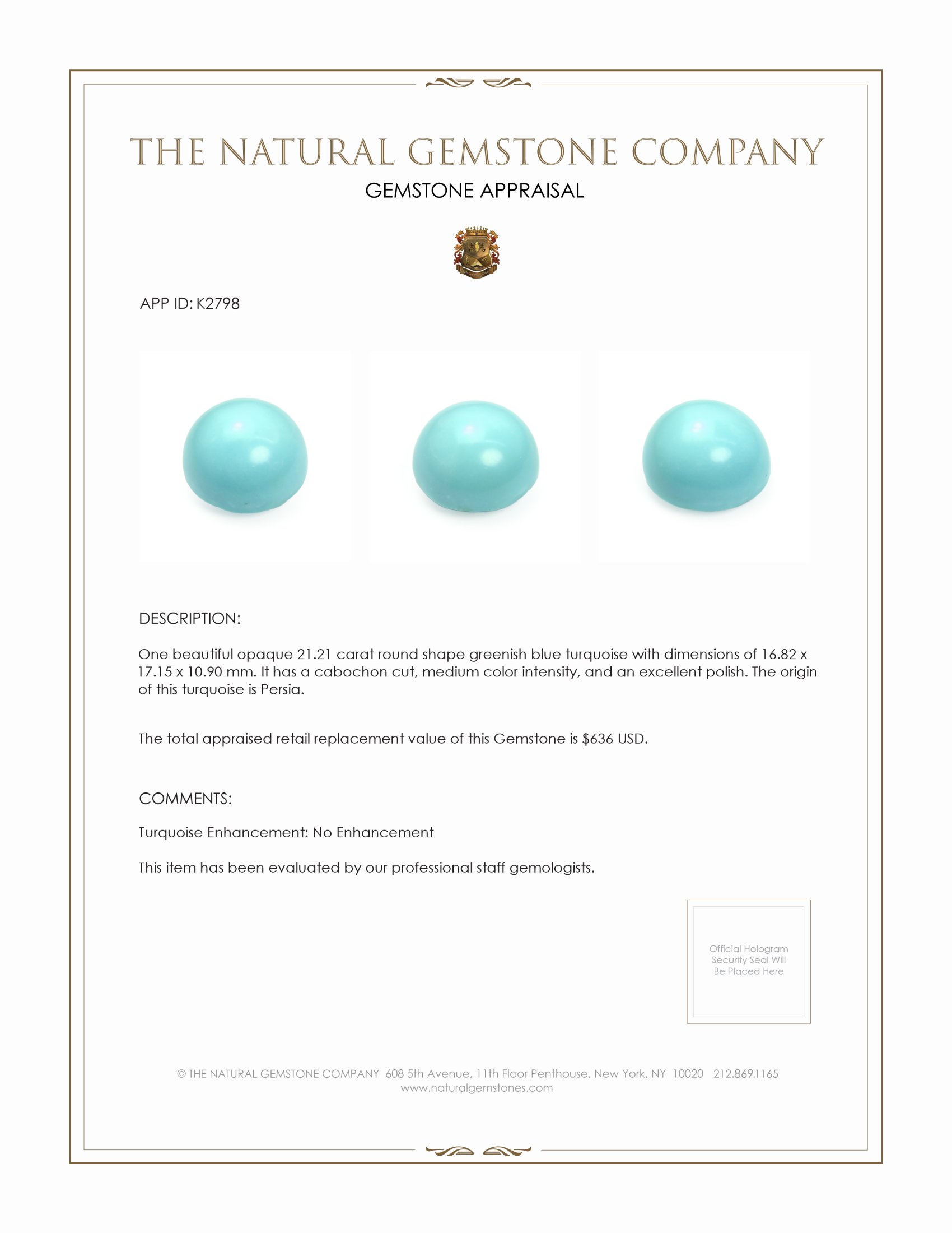 21.21 Ct. Cabochon Turquoise from Persia