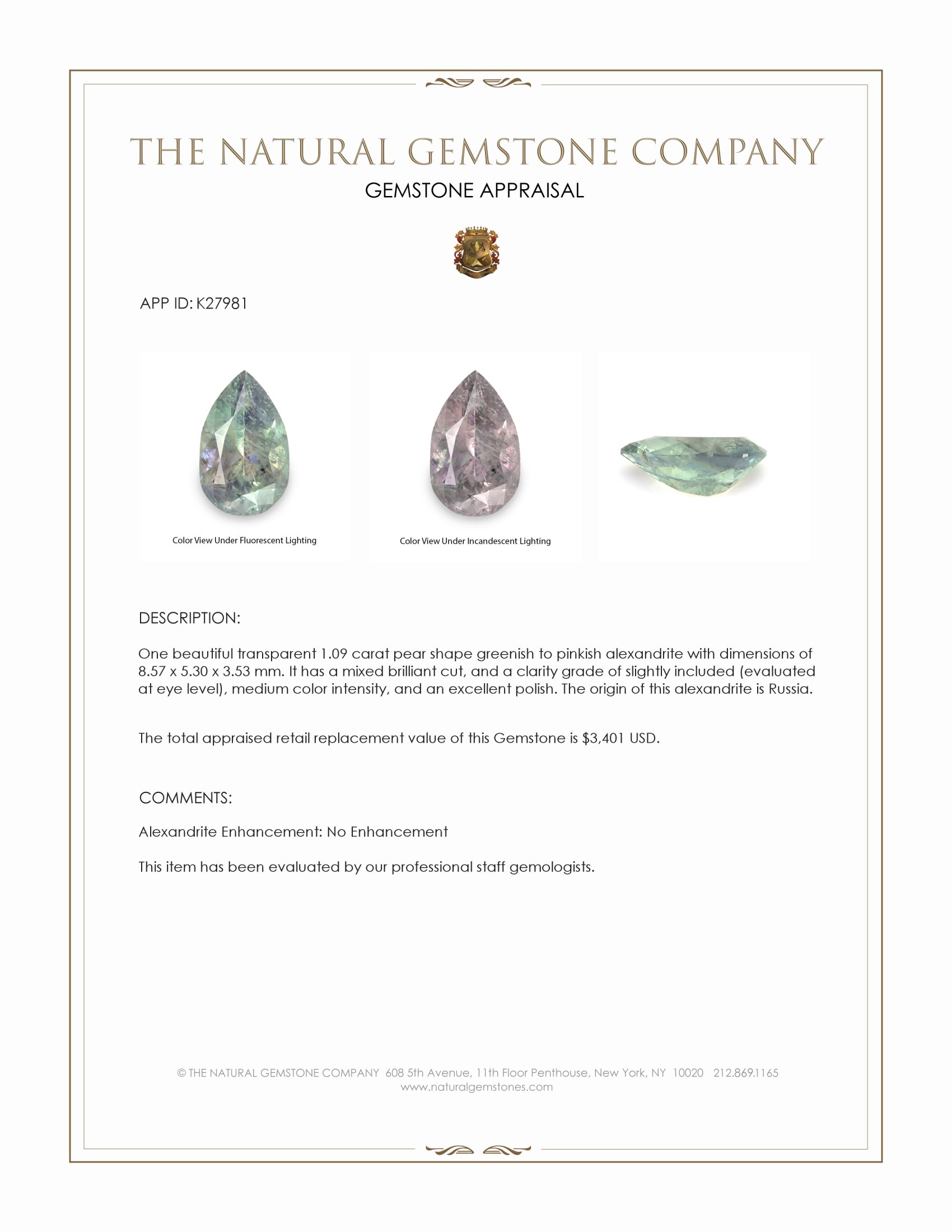 1.09 Ct. Alexandrite from Russia