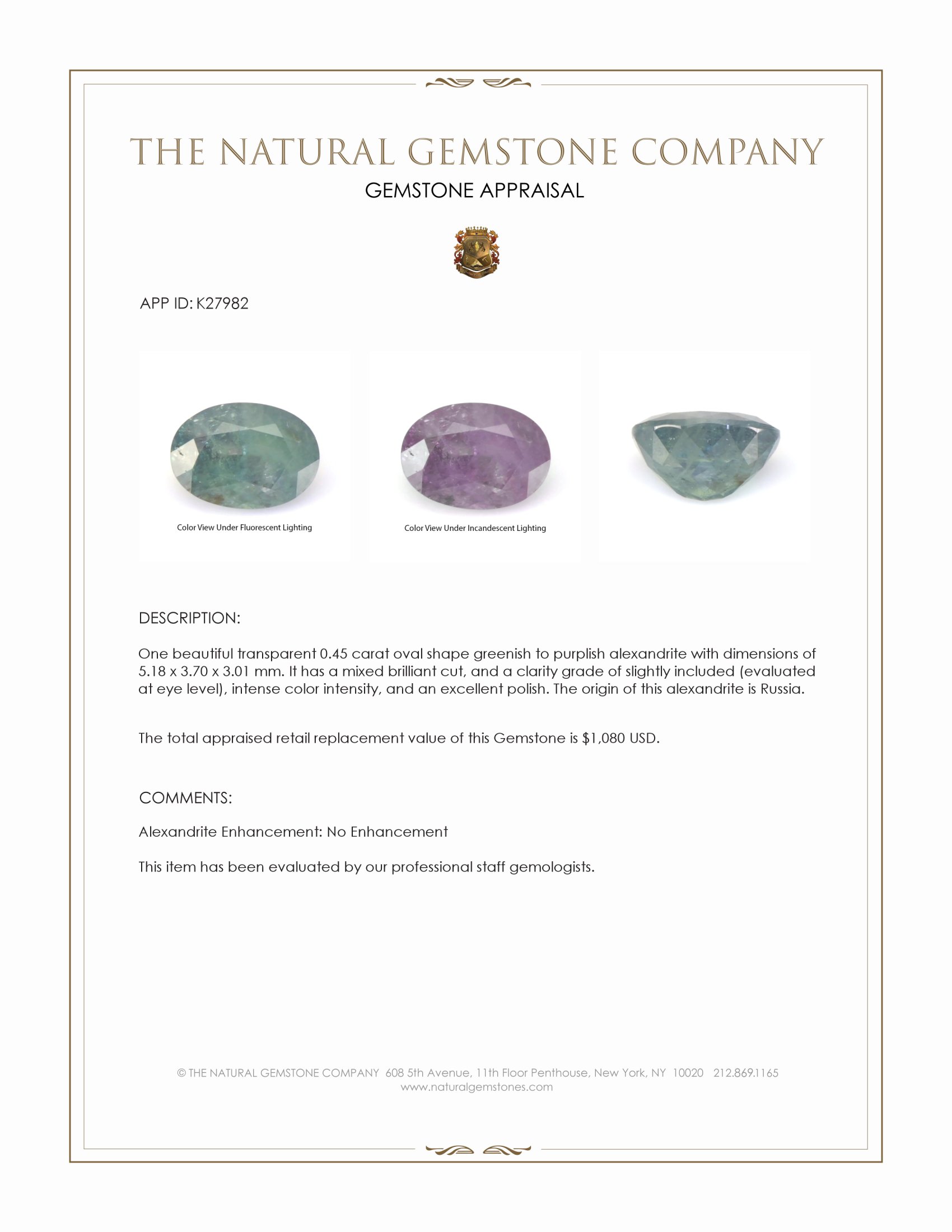 0.45 Ct. Alexandrite from Russia