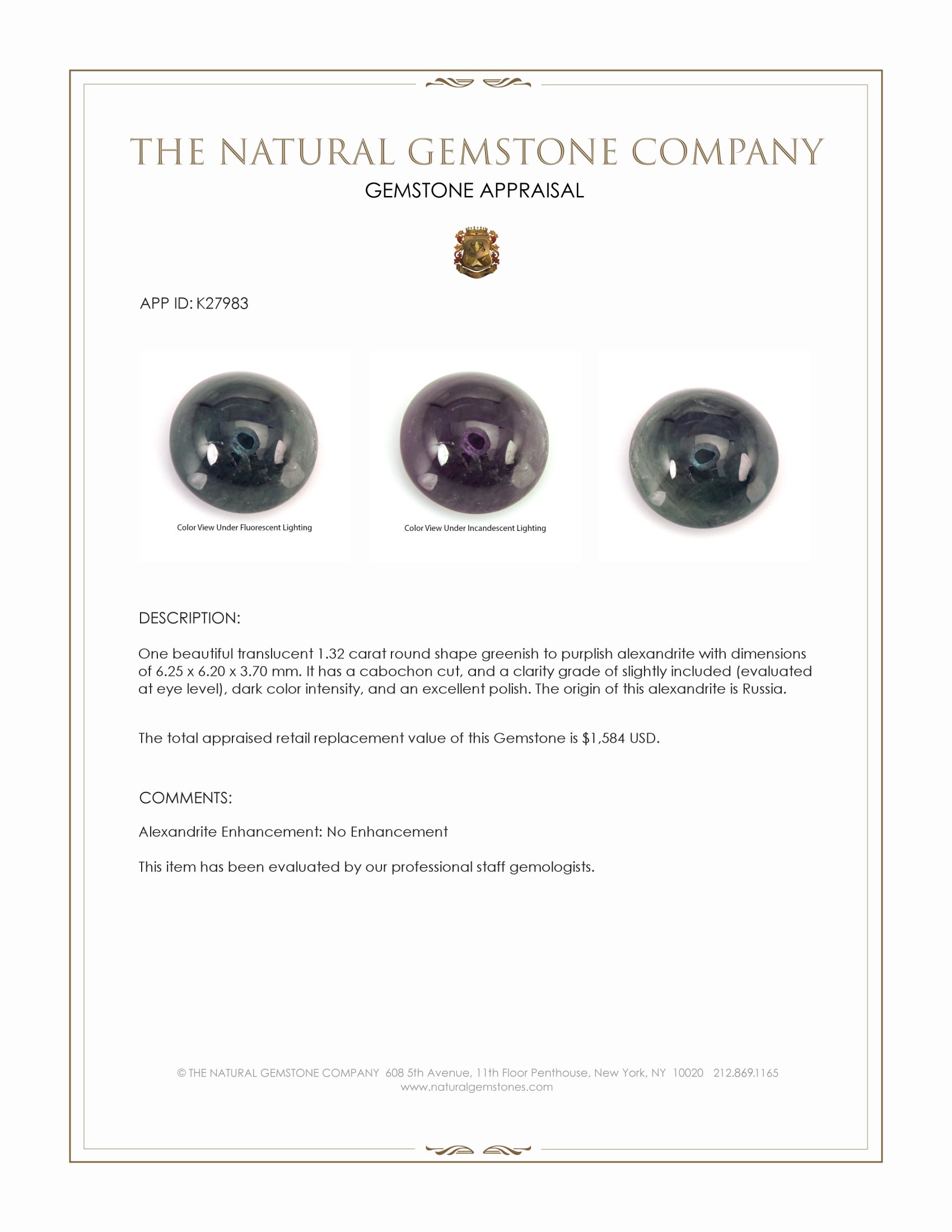 1.32 Ct. Cabochon Alexandrite from Russia