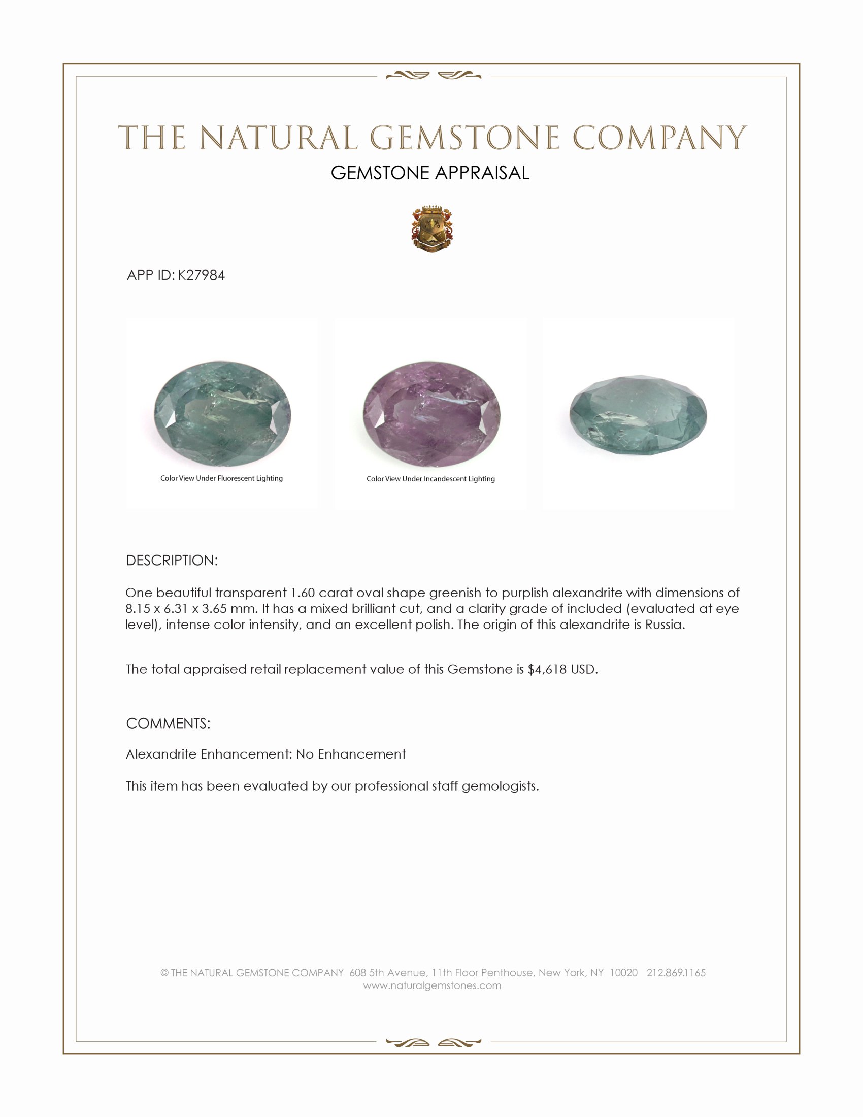 1.60 Ct. Alexandrite from Russia