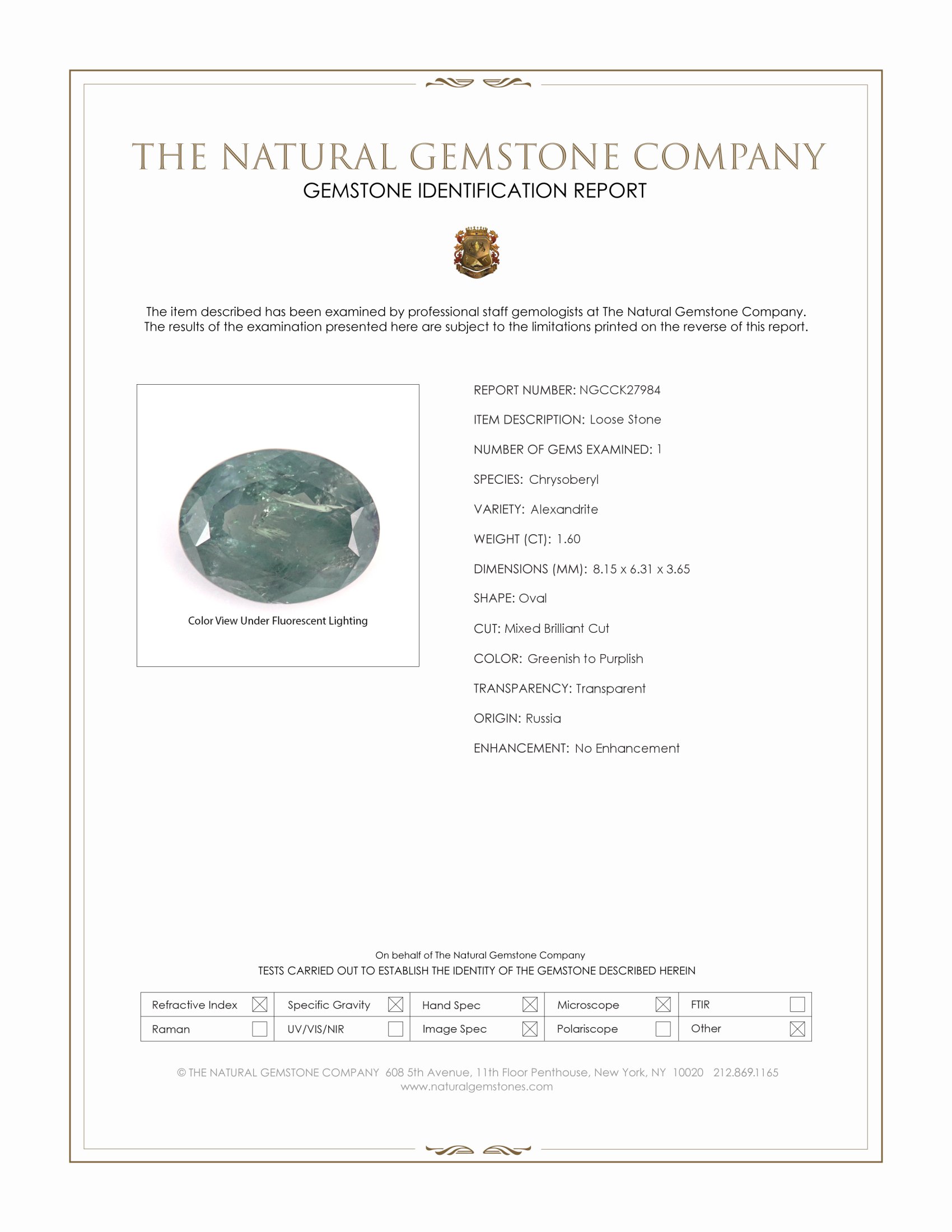 1.60 Ct. Alexandrite from Russia