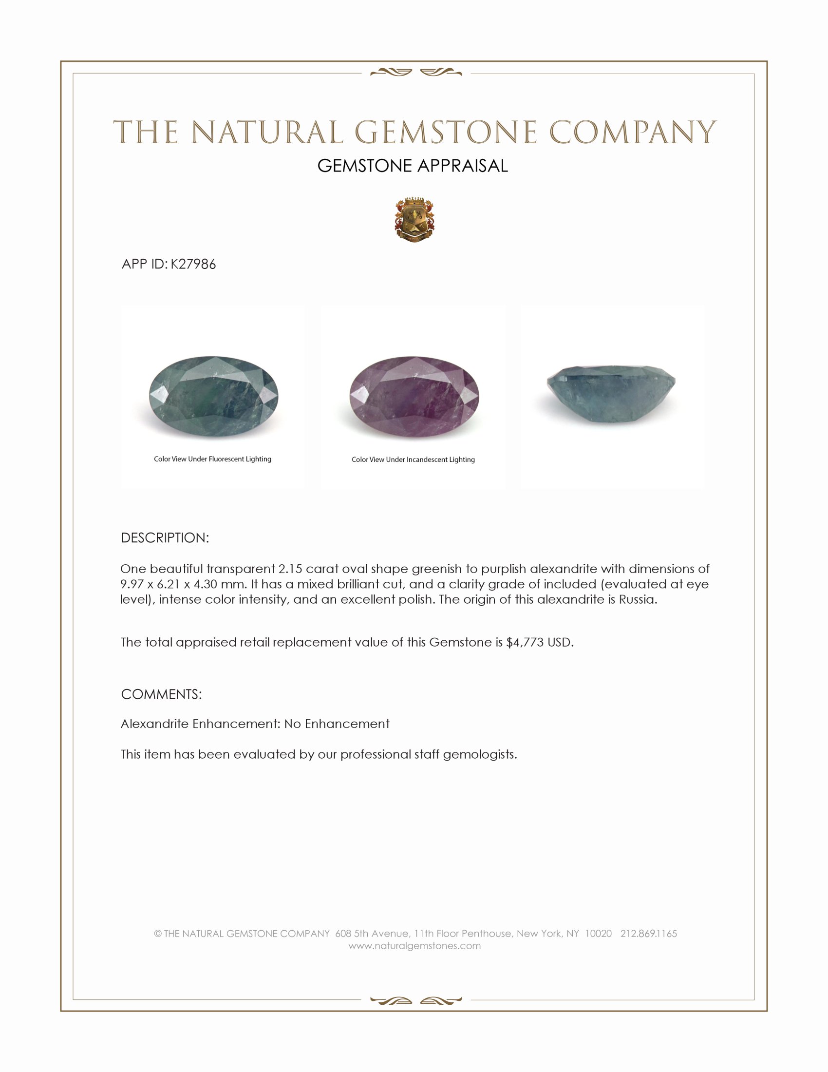2.15 Ct. Alexandrite from Russia
