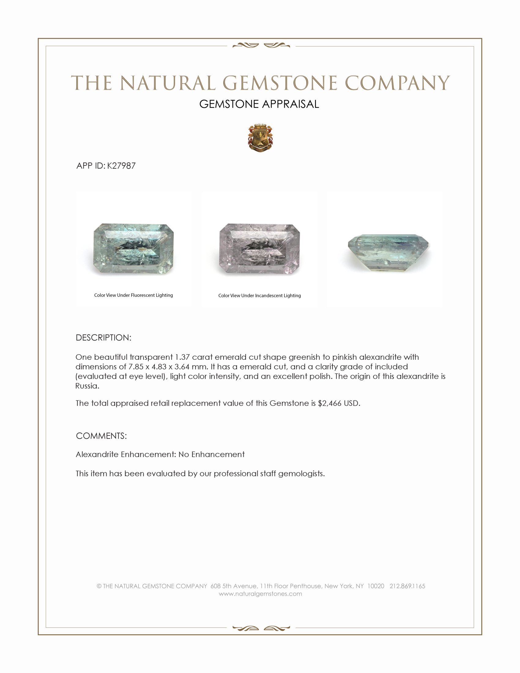 1.37 Ct. Alexandrite from Russia