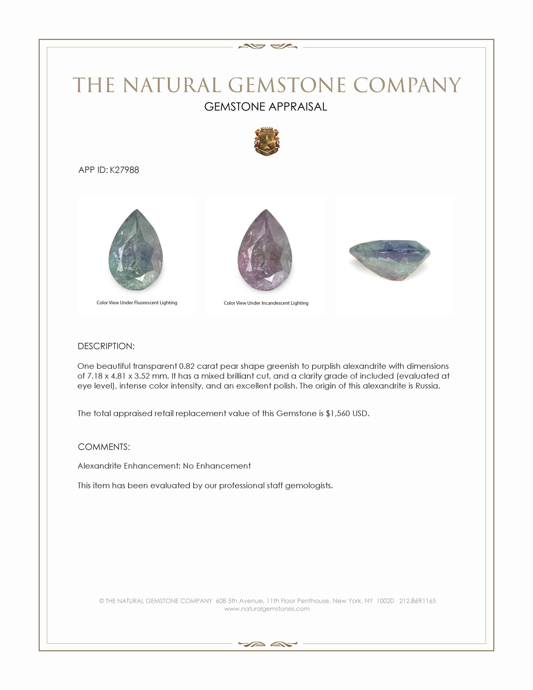 0.82 Ct. Alexandrite from Russia