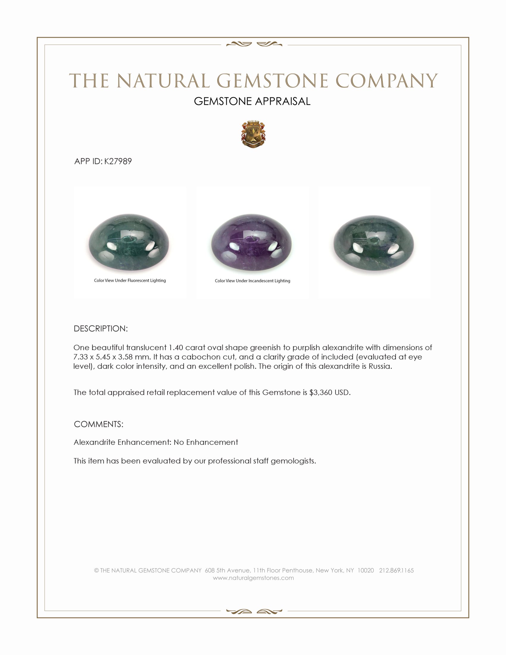 1.40 Ct. Cabochon Alexandrite from Russia