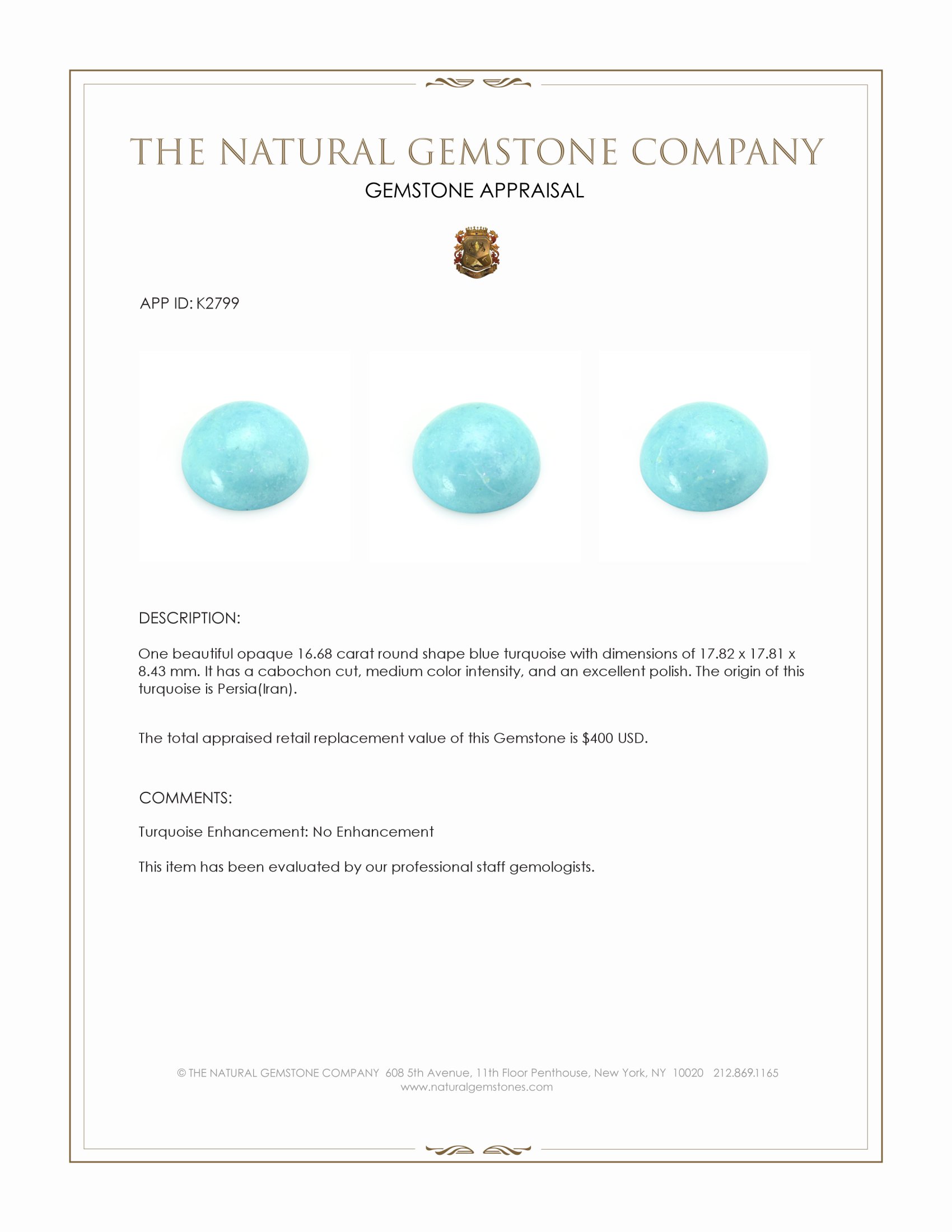 16.68 Ct. Blue Cabochon Turquoise from Persia(Iran)