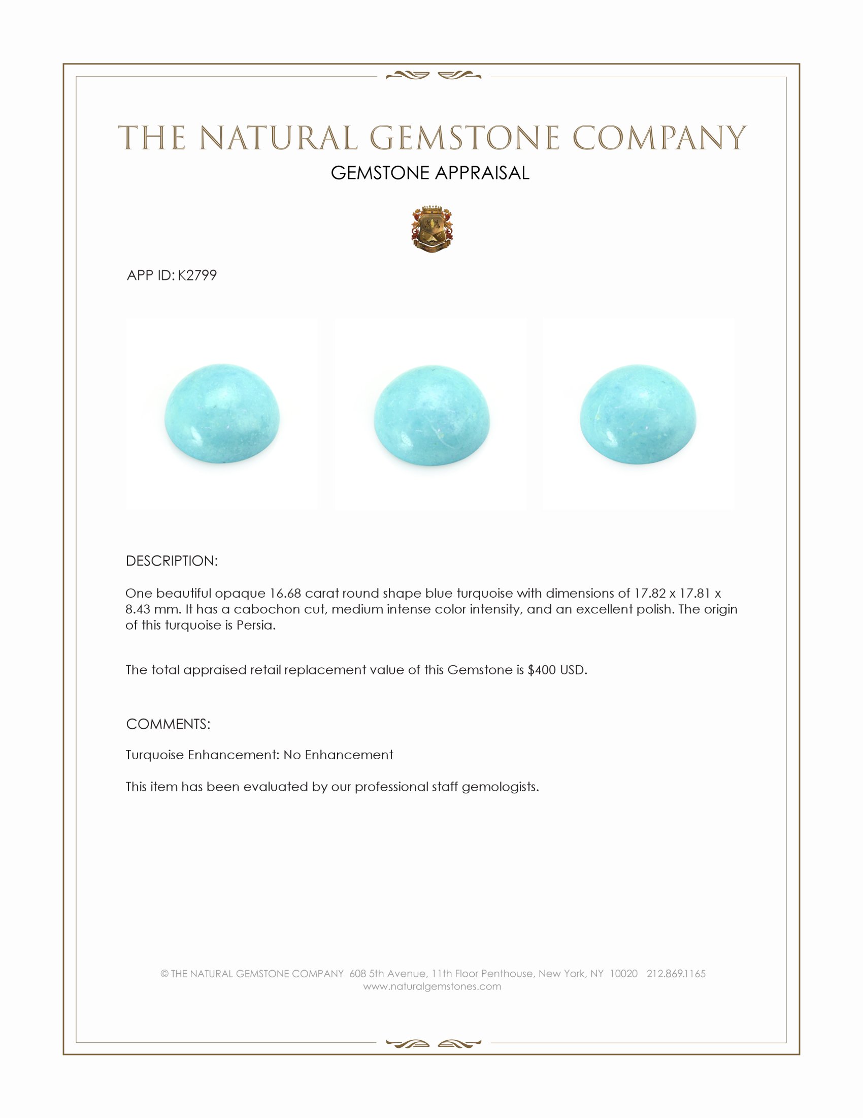 16.68 Ct. Cabochon Turquoise from Persia