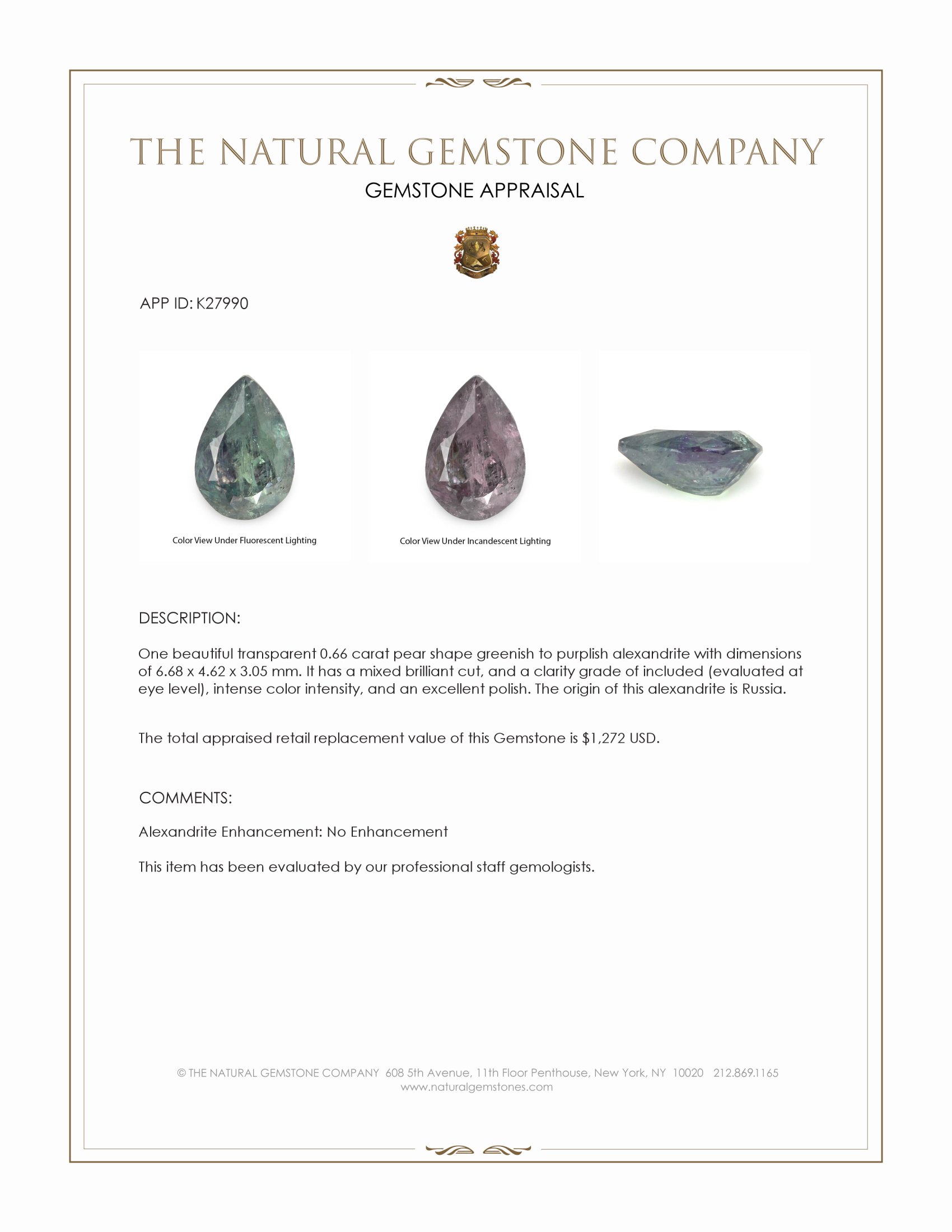 0.66 Ct. Alexandrite from Russia