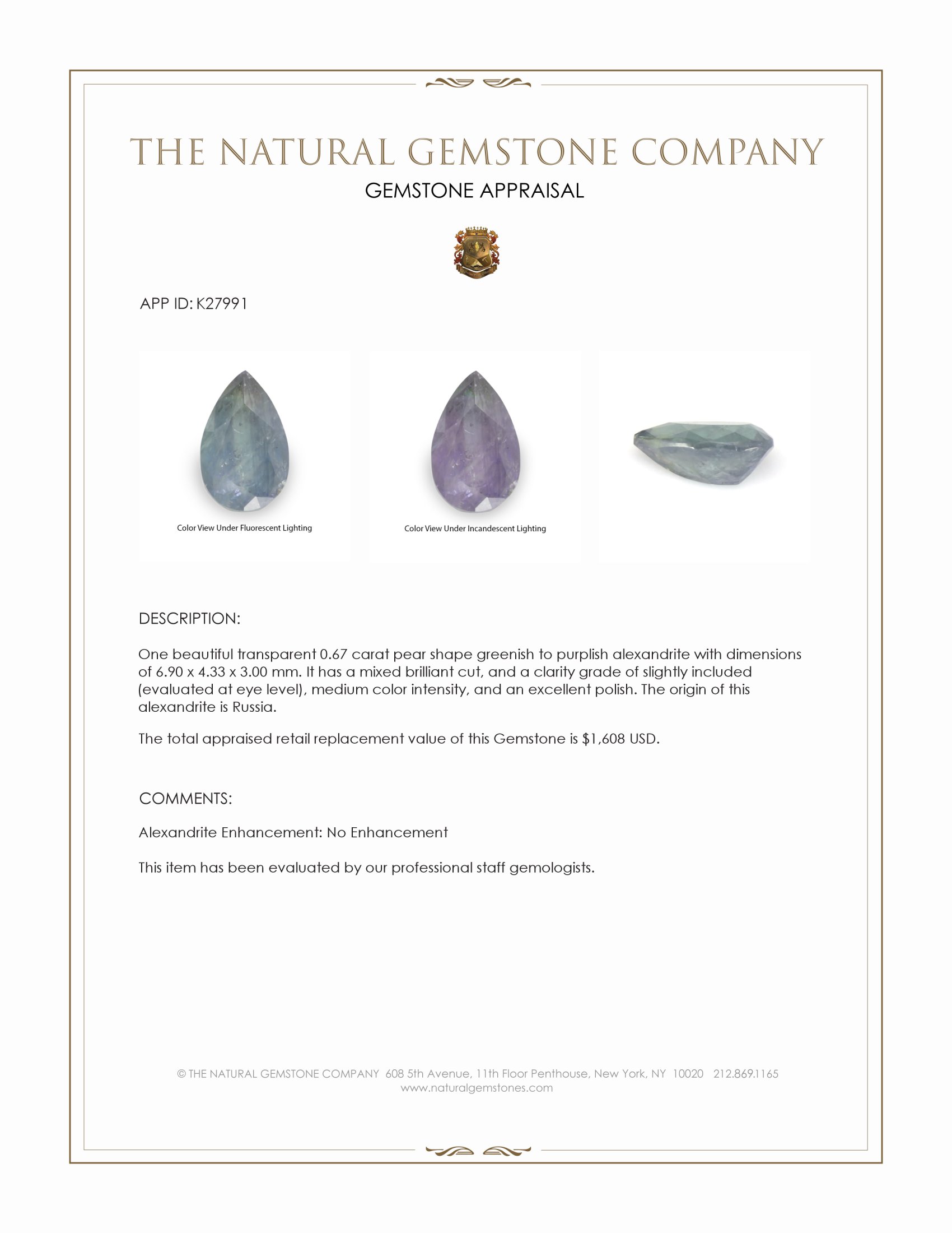 0.67 Ct. Alexandrite from Russia