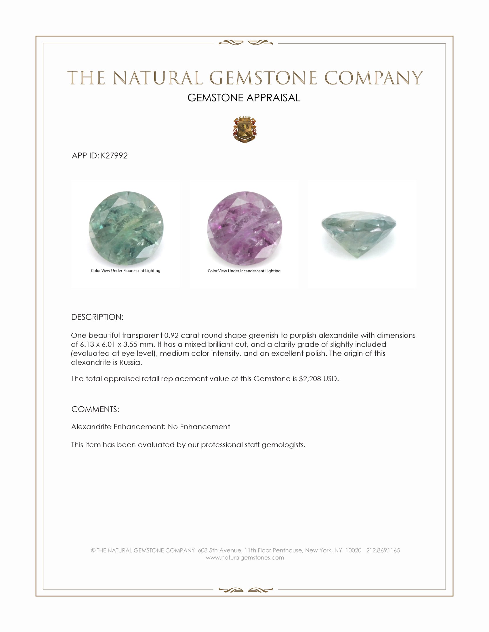 0.92 Ct. Alexandrite from Russia