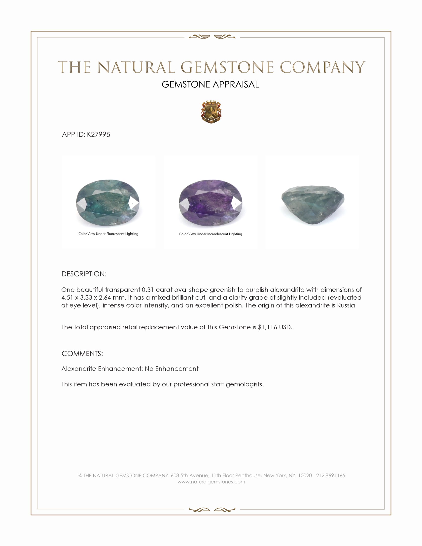 0.31 Ct. Alexandrite from Russia