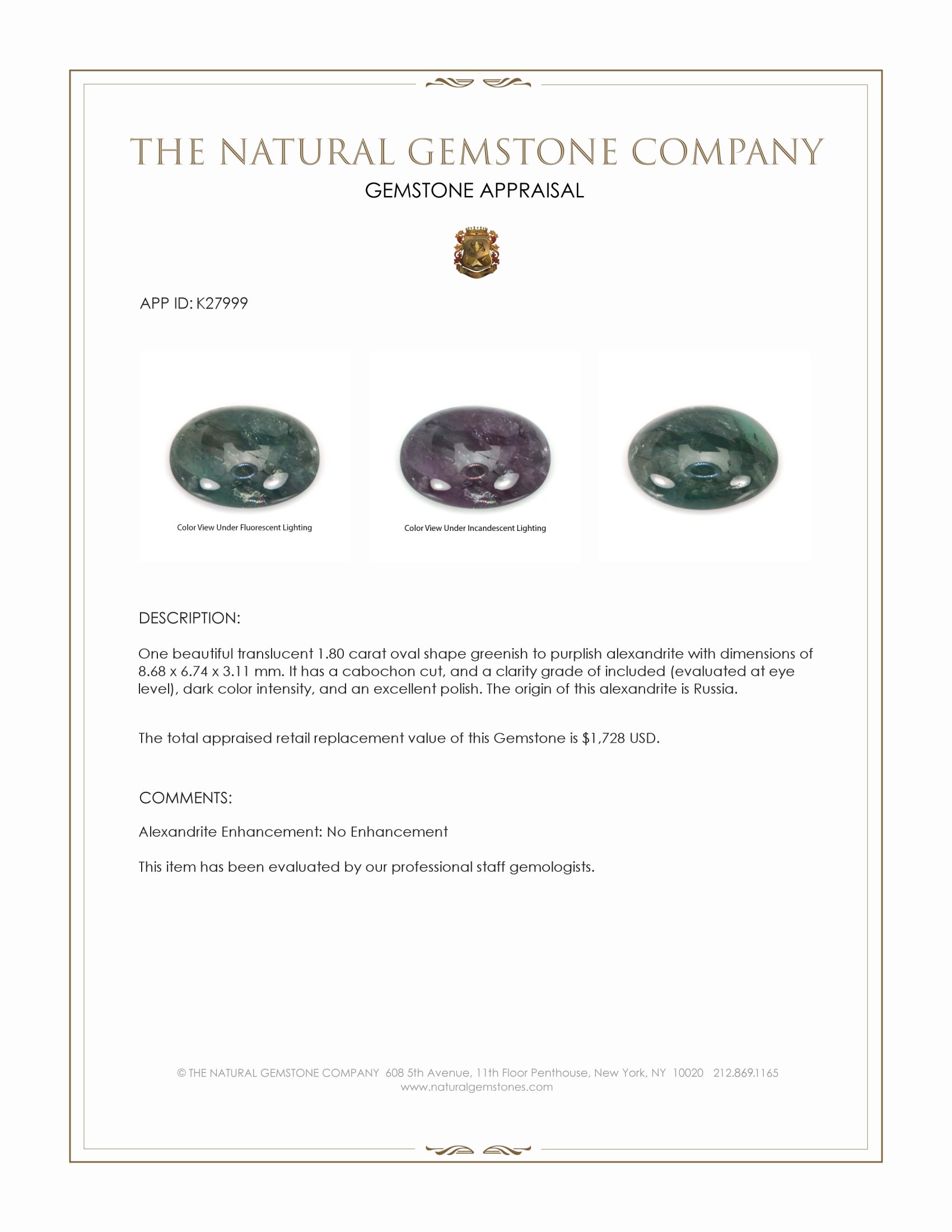 1.80 Ct. Cabochon Alexandrite from Russia