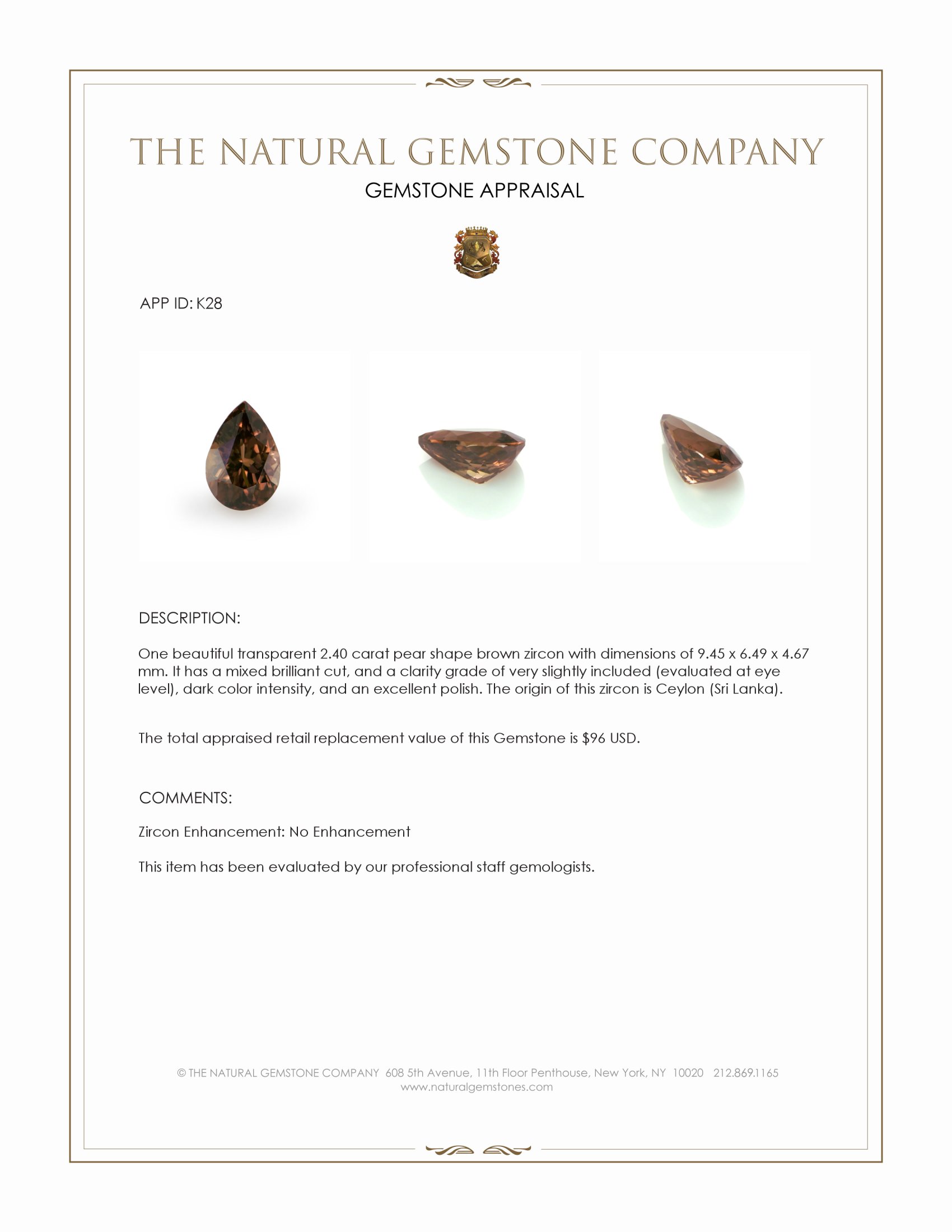 2.40 Ct. Brown Zircon from Ceylon (Sri Lanka)