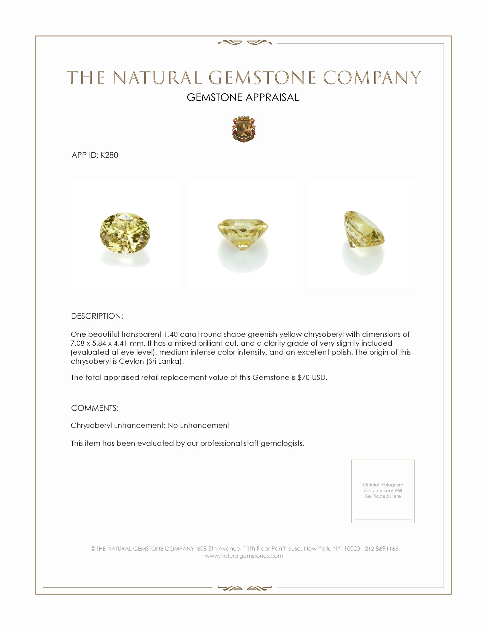 1.40 Ct. Chrysoberyl from Ceylon (Sri Lanka)