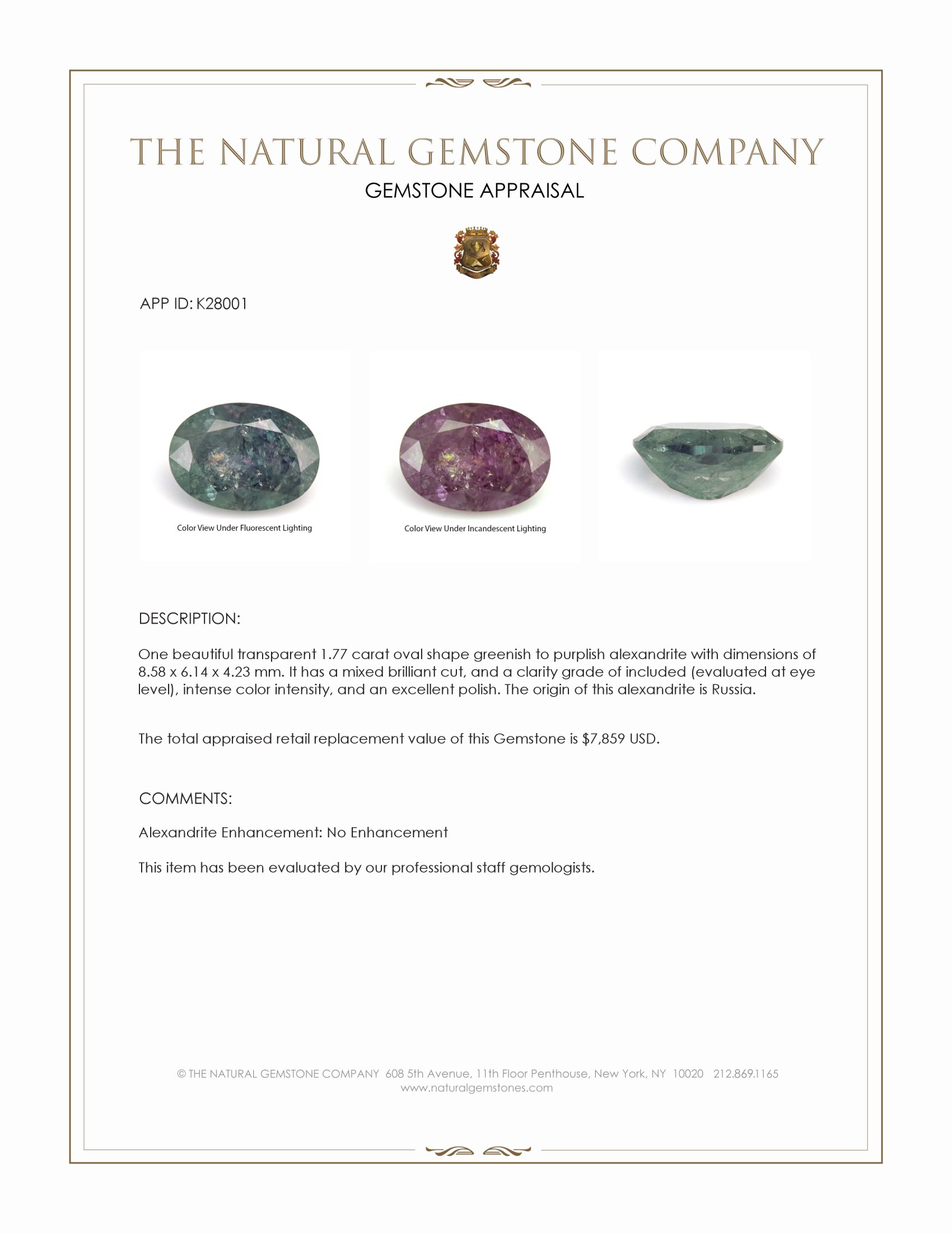 1.77 Ct. Alexandrite from Russia