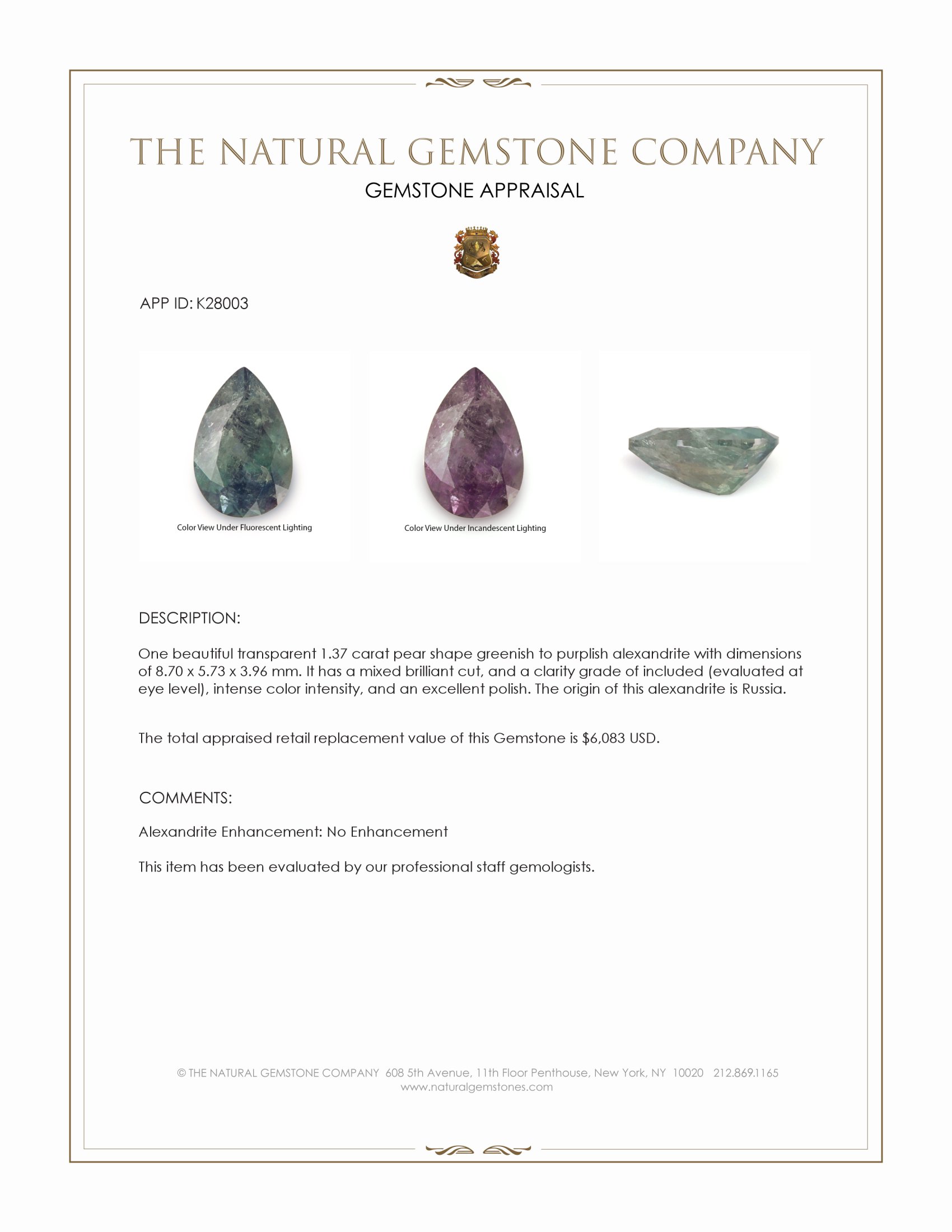 1.37 Ct. Alexandrite from Russia