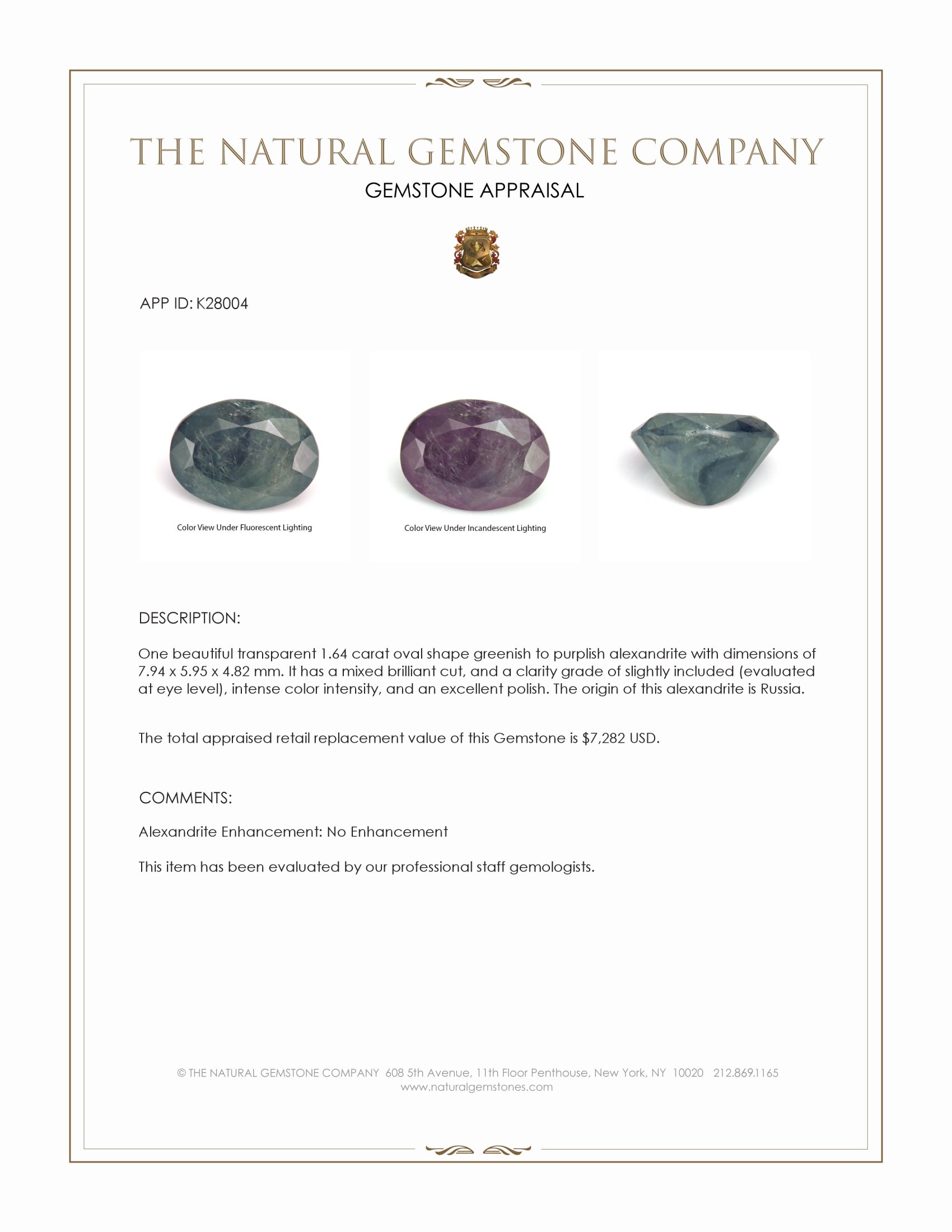 1.64 Ct. Alexandrite from Russia