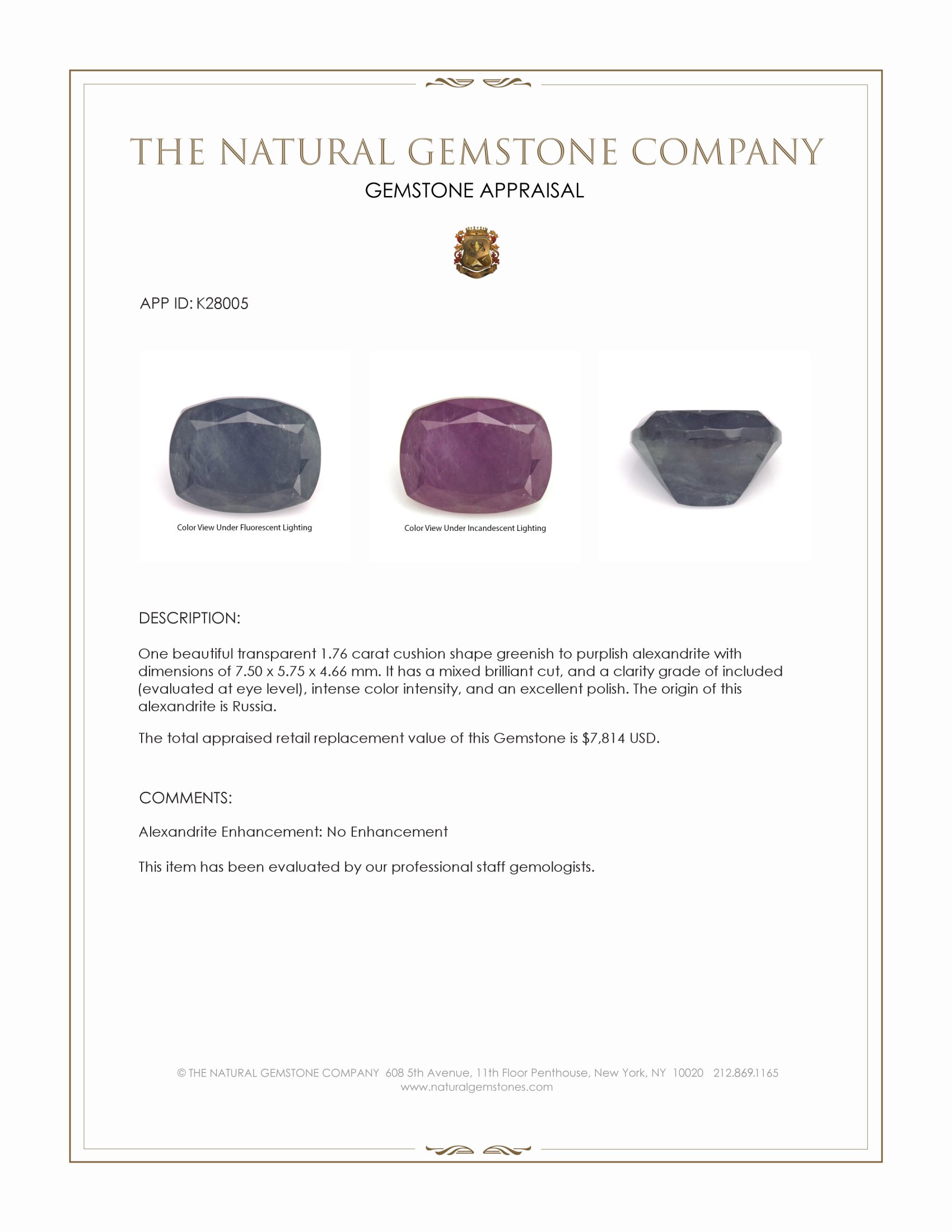 1.76 Ct. Alexandrite from Russia
