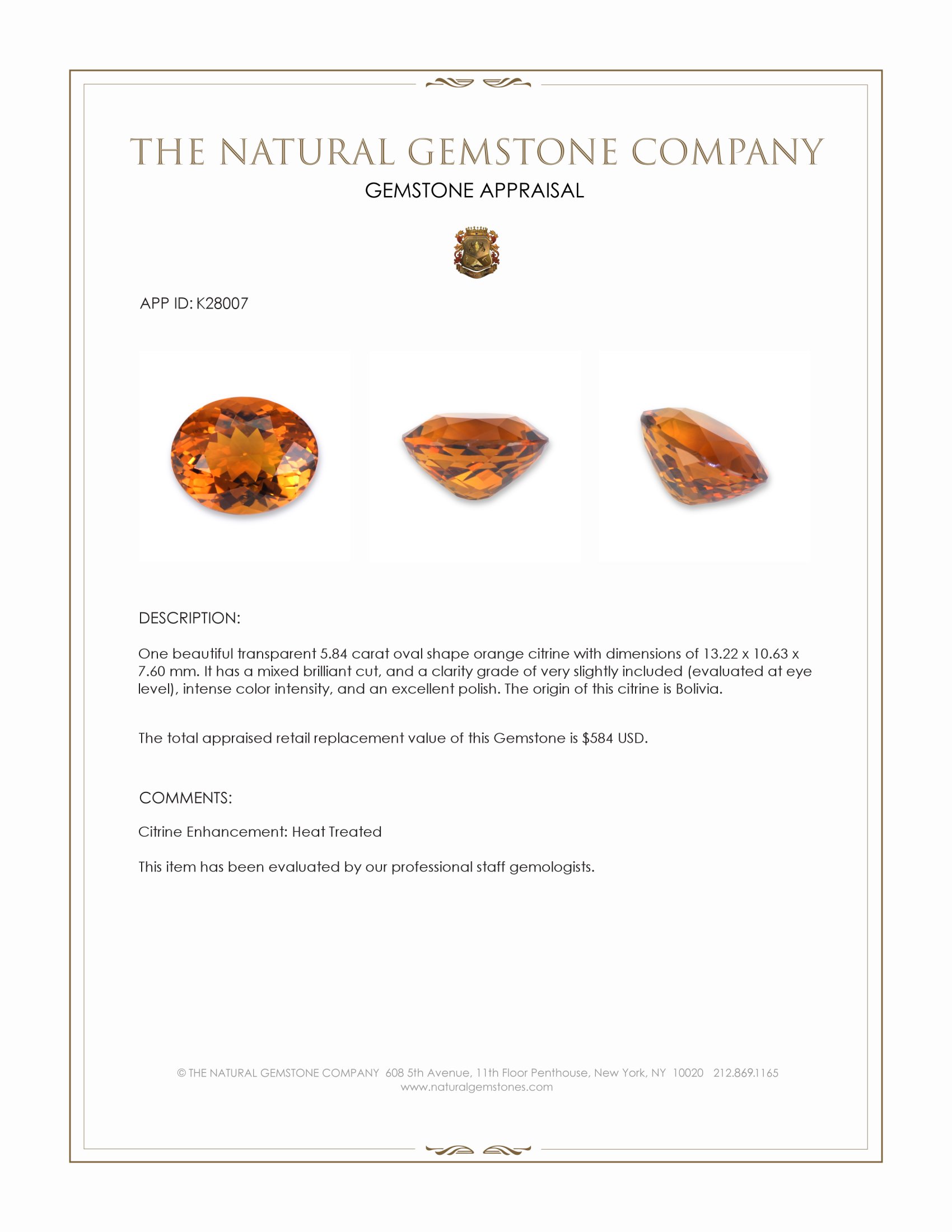 5.84 Ct. Orange Citrine from Bolivia