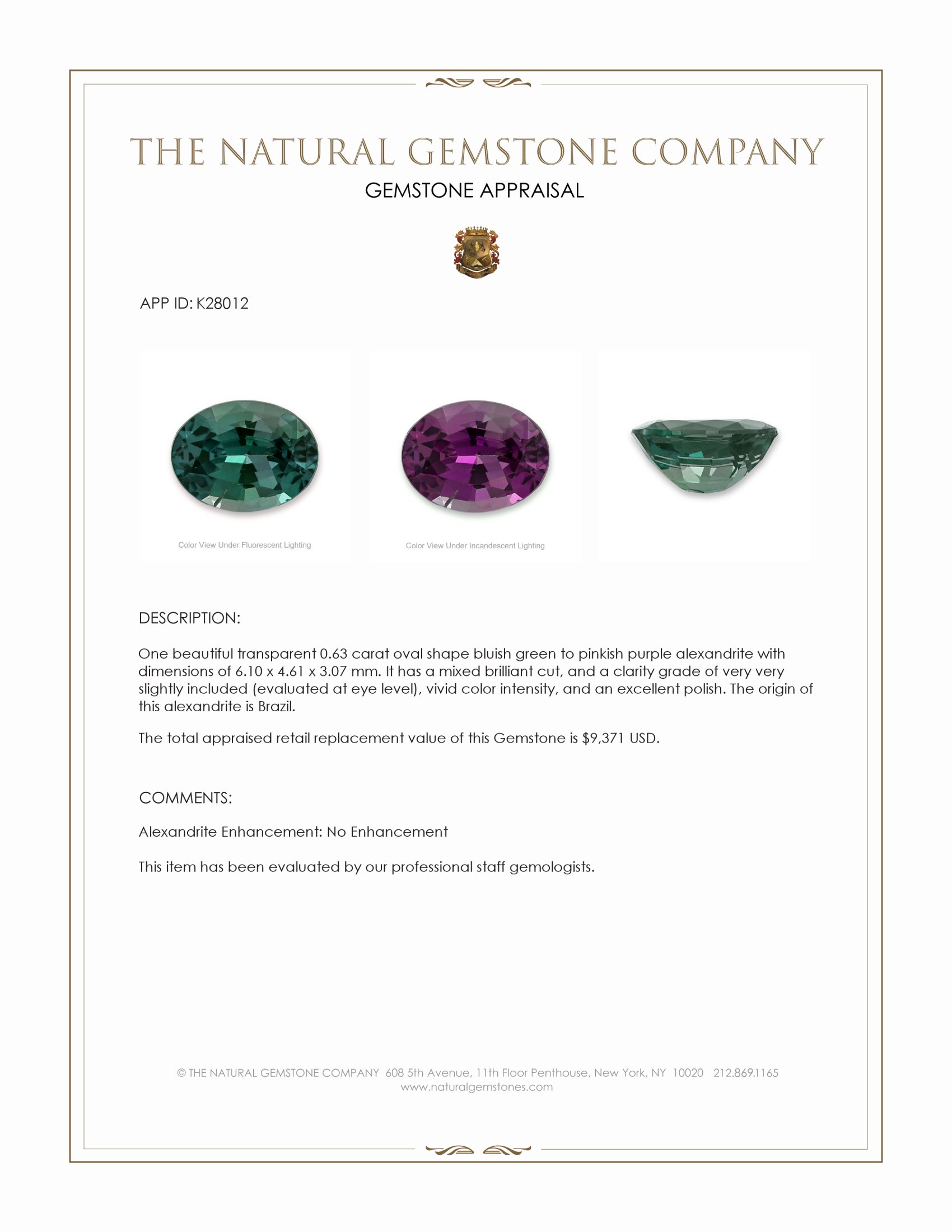 0.63 Ct. Alexandrite from Brazil