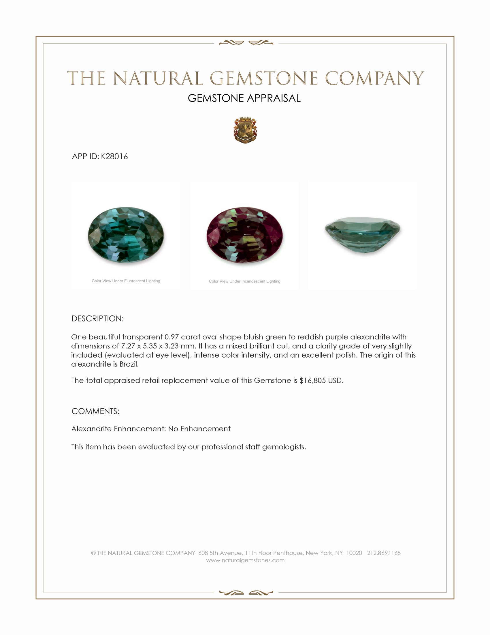 0.97 Ct. Alexandrite from Brazil
