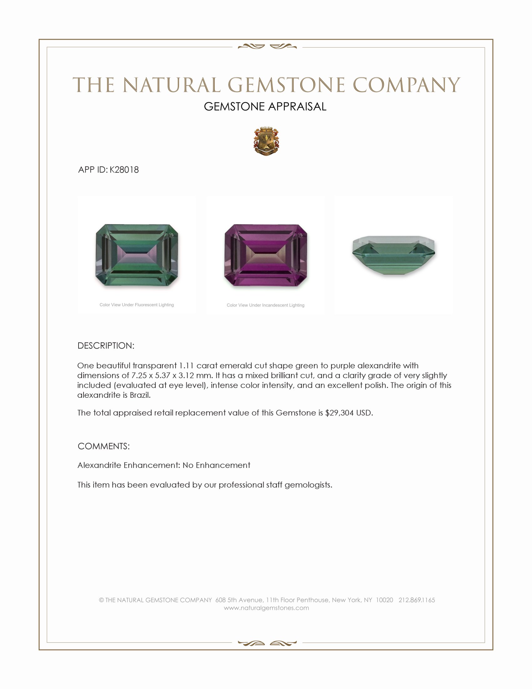 1.11 Ct. Alexandrite from Brazil