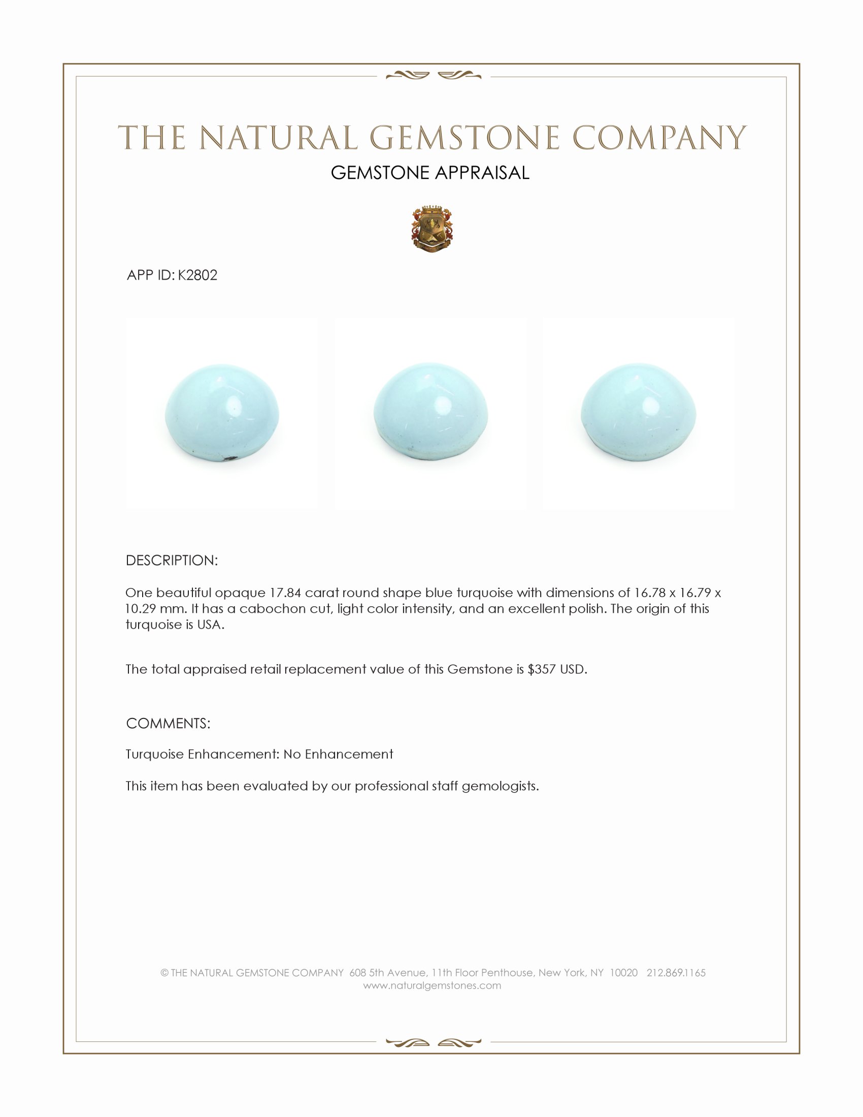 17.84 Ct. Cabochon Turquoise from USA