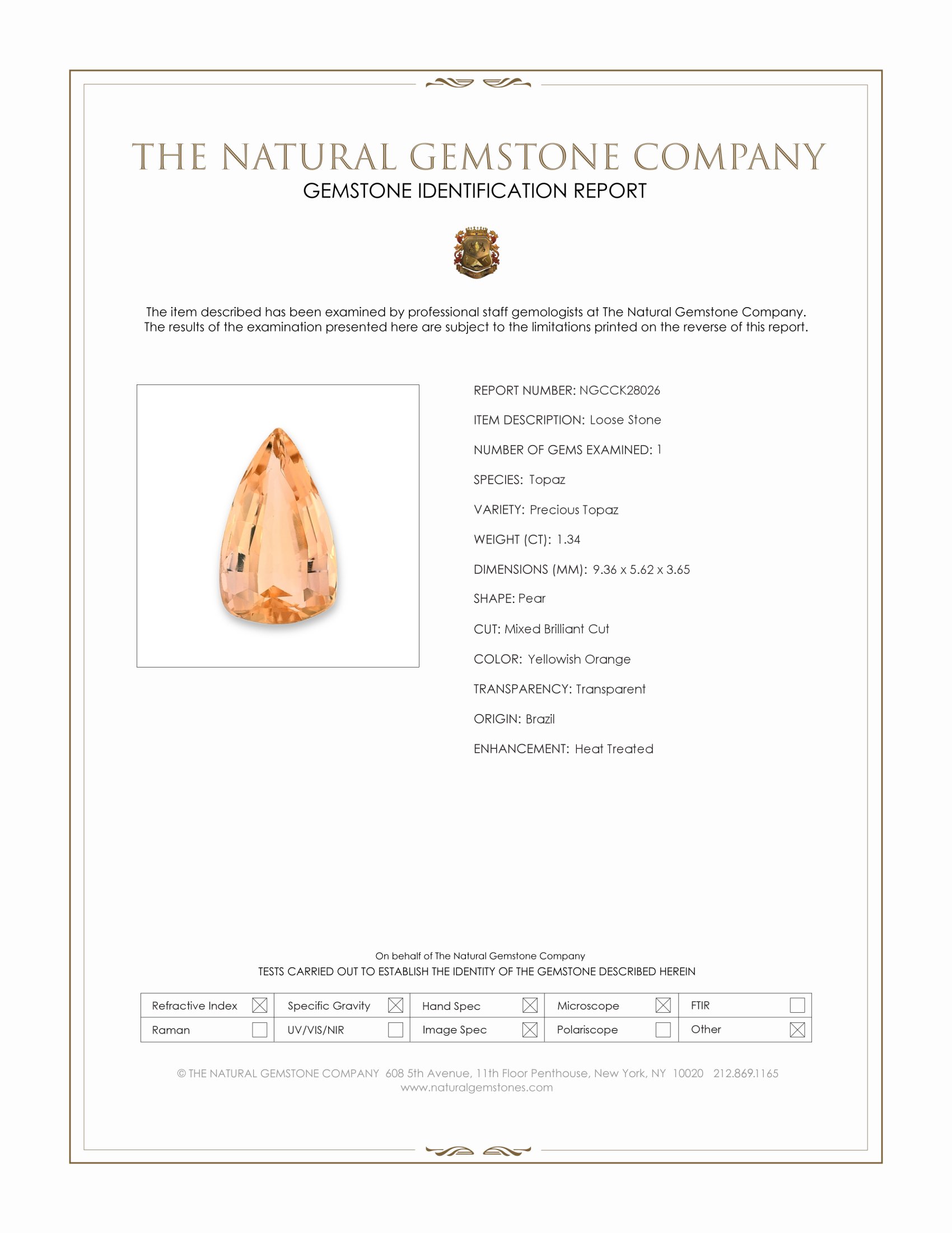 1.34 Ct. Yellowish Orange Precious Topaz from Brazil