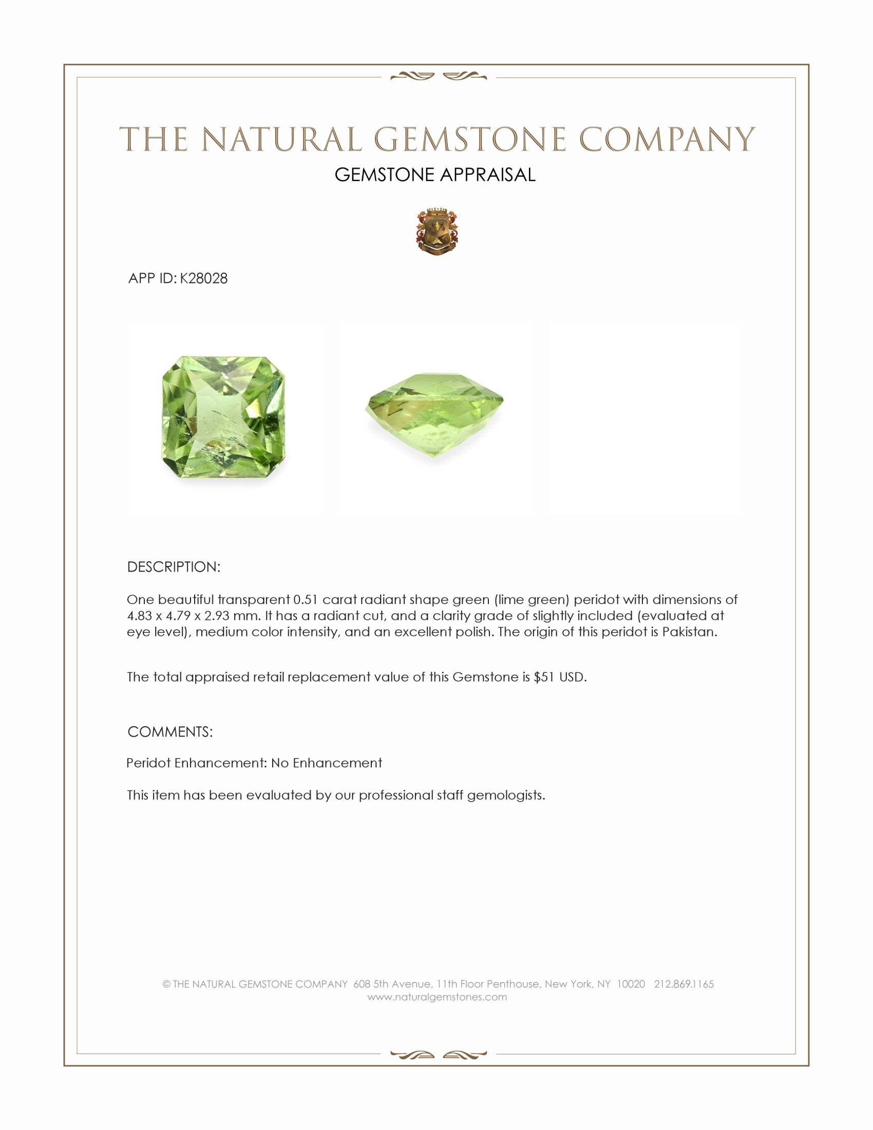 0.51 Ct. Green (Lime Green) Peridot from Pakistan