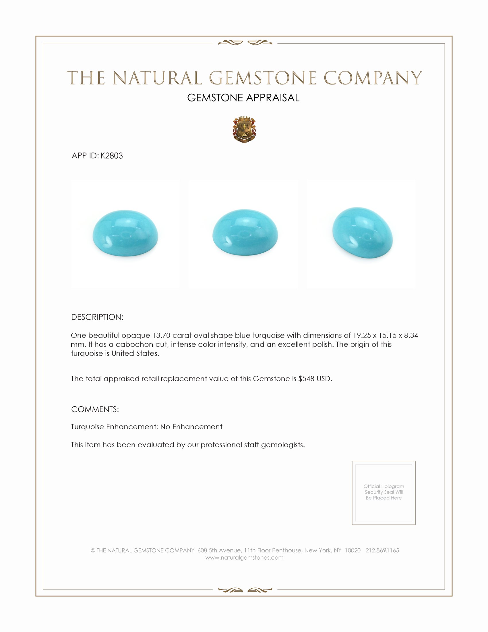 13.70 Ct. Cabochon Turquoise from United States