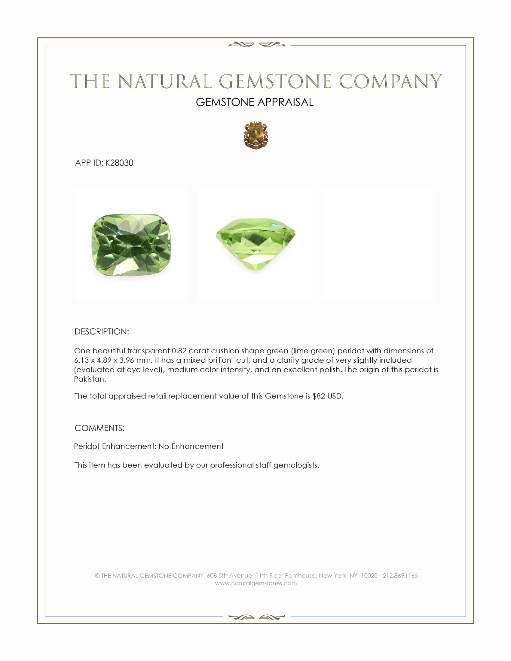 0.82 Ct. Green (Lime Green) Peridot from Pakistan