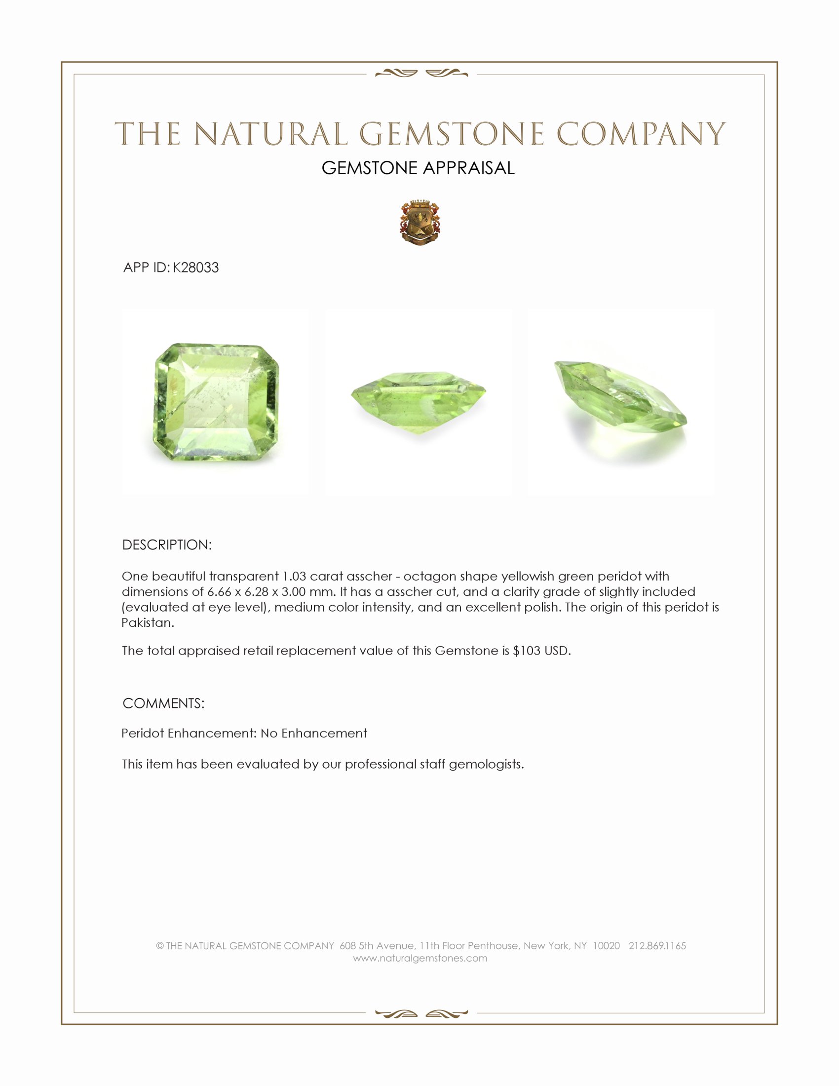 1.03 Ct. Yellowish Green Peridot from Pakistan