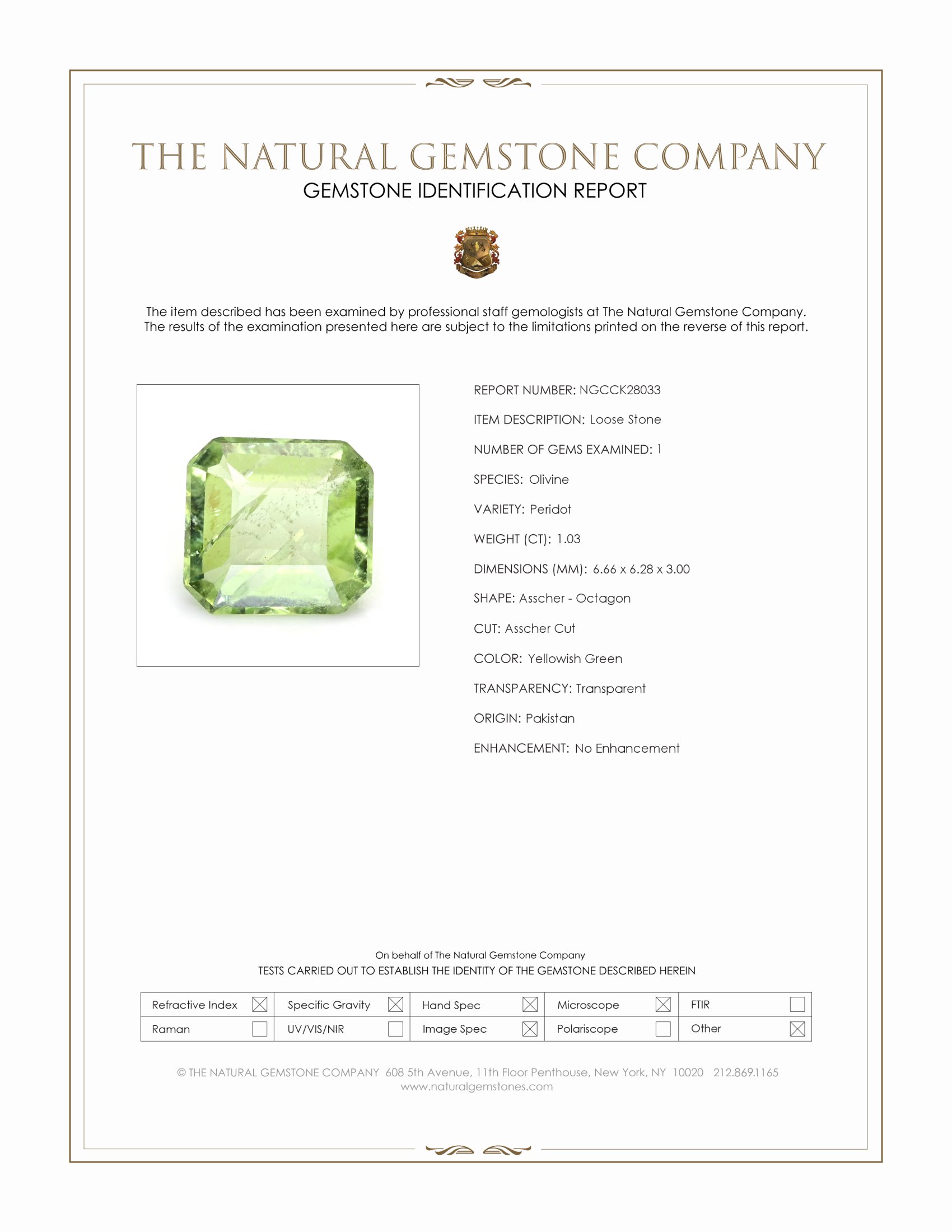 1.03 Ct. Yellowish Green Peridot from Pakistan