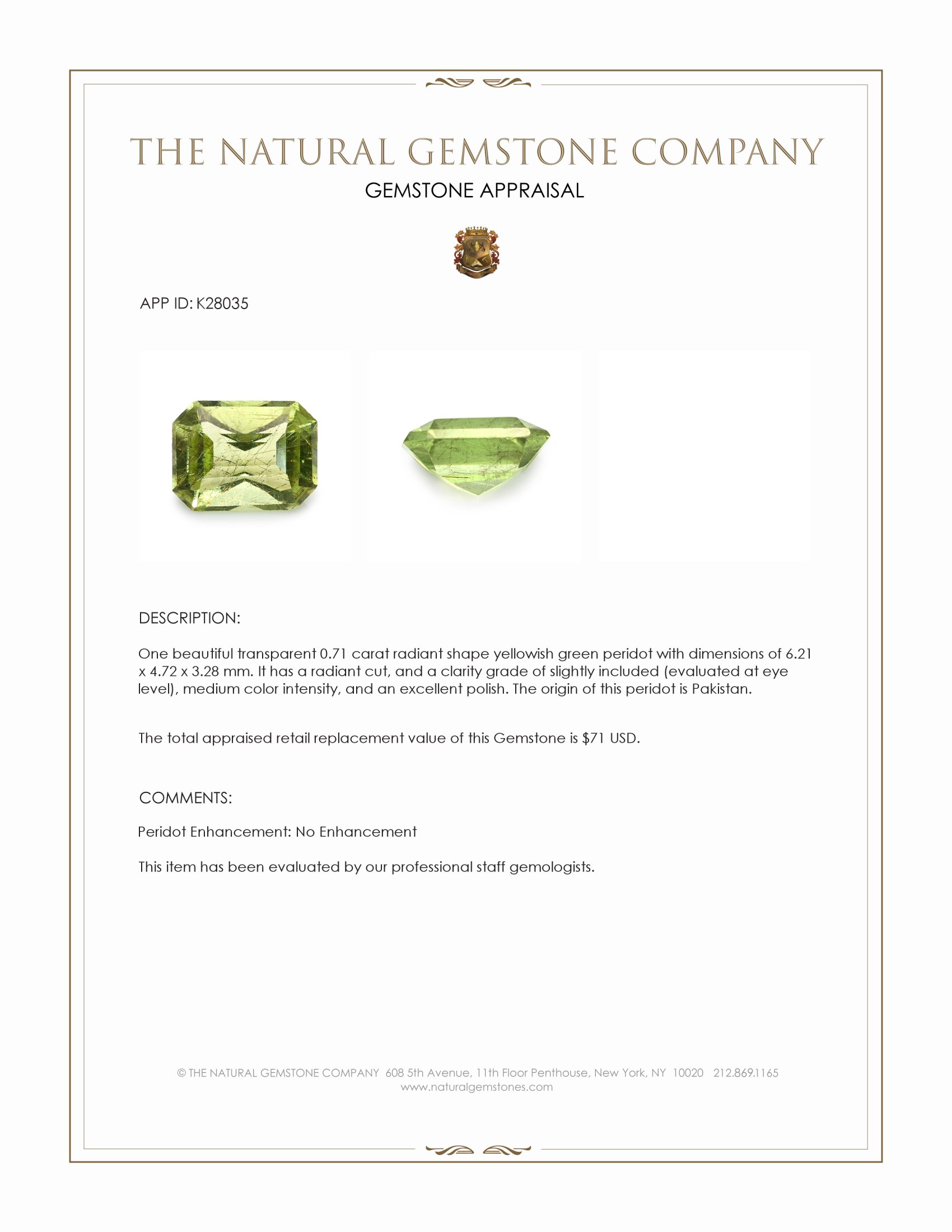 0.71 Ct. Yellowish Green Peridot from Pakistan