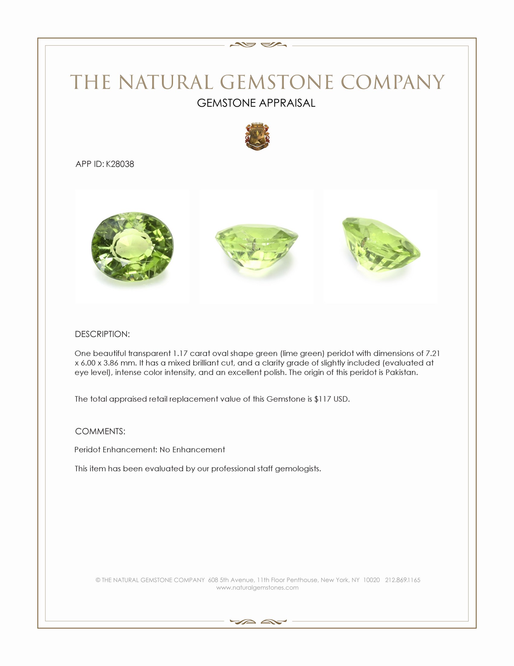 1.17 Ct. Green (Lime Green) Peridot from Pakistan