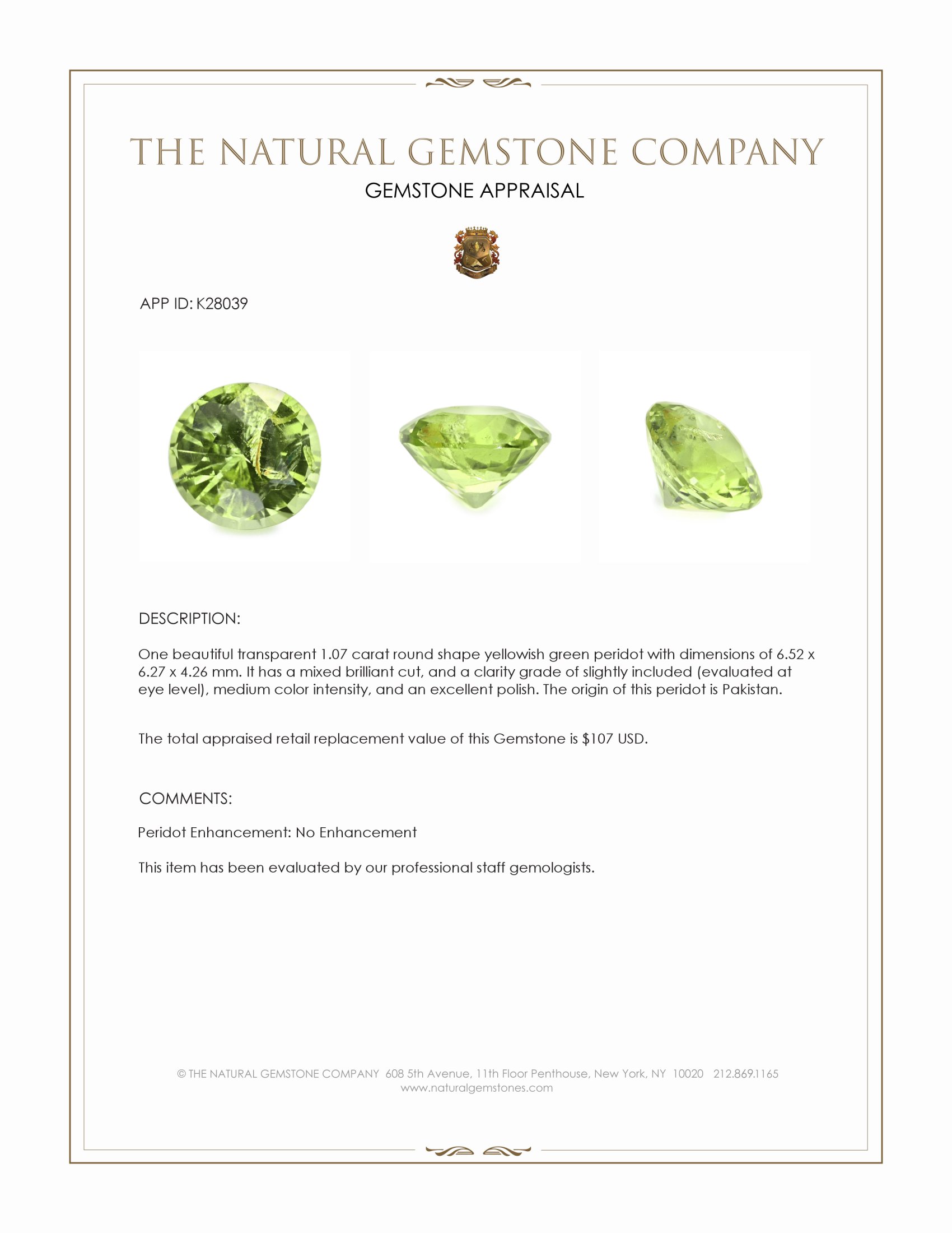 1.07 Ct. Yellowish Green Peridot from Pakistan