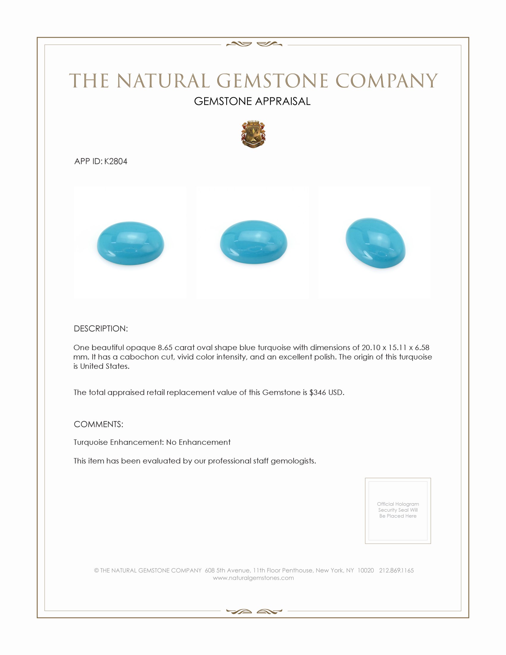 8.65 Ct. Cabochon Turquoise from United States