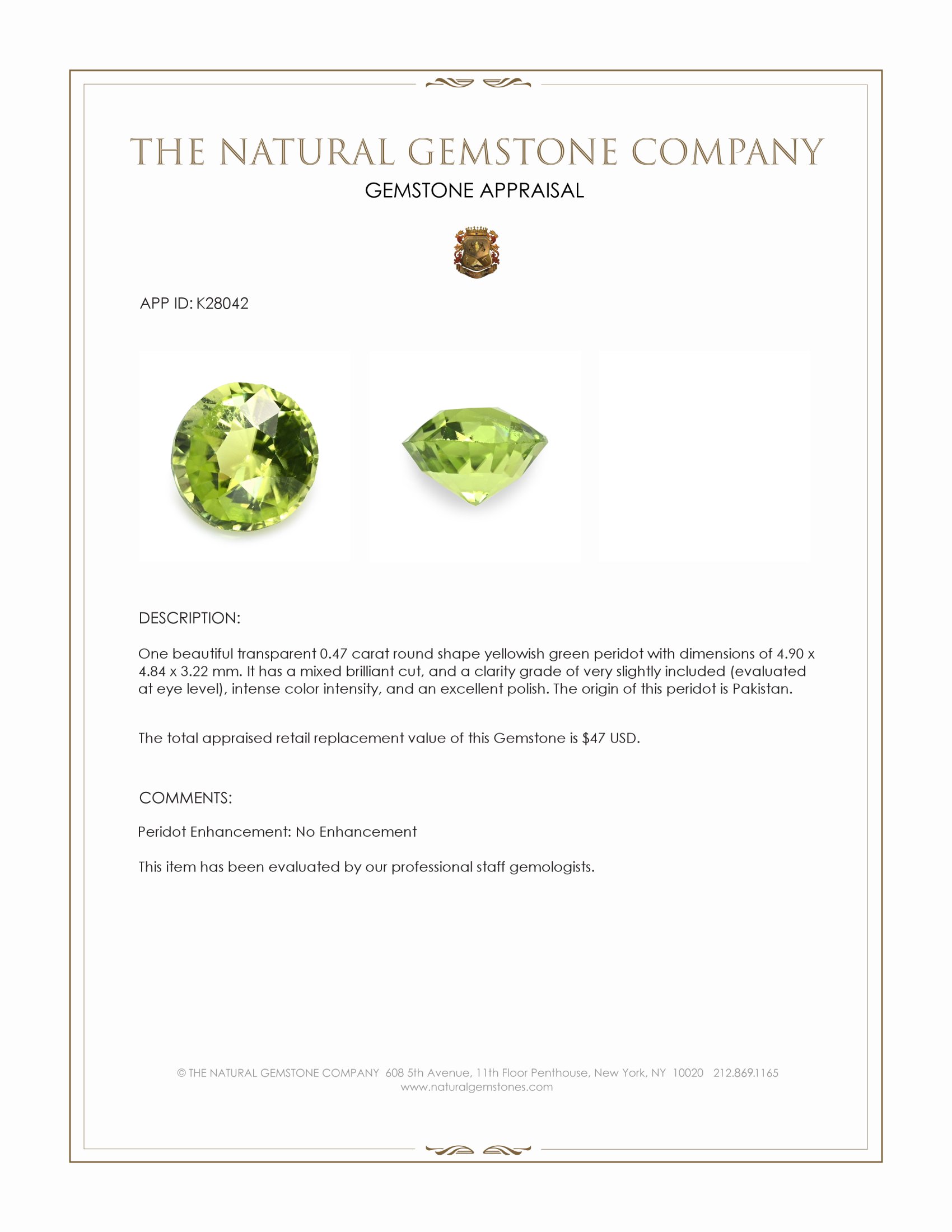 0.47 Ct. Yellowish Green Peridot from Pakistan