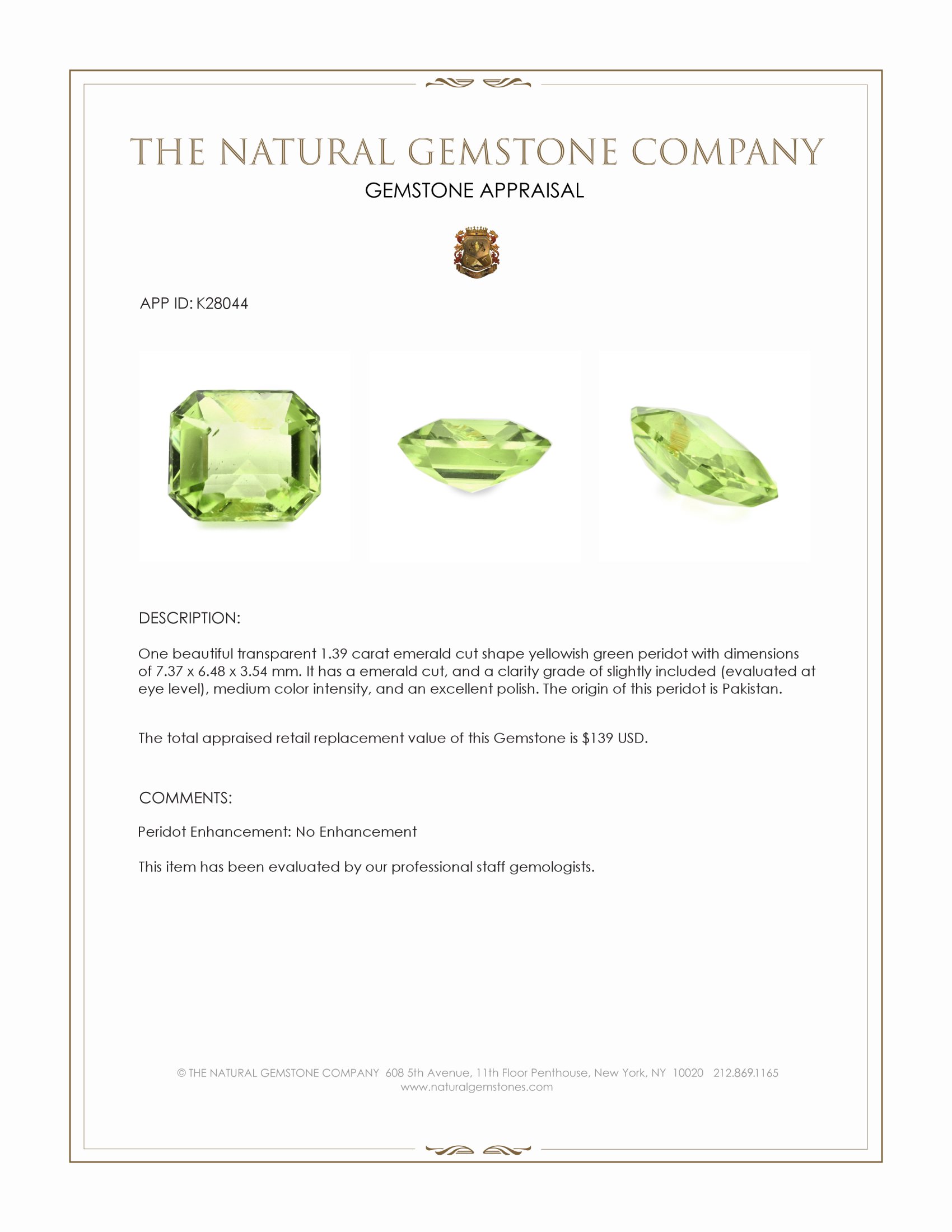 1.39 Ct. Yellowish Green Peridot from Pakistan