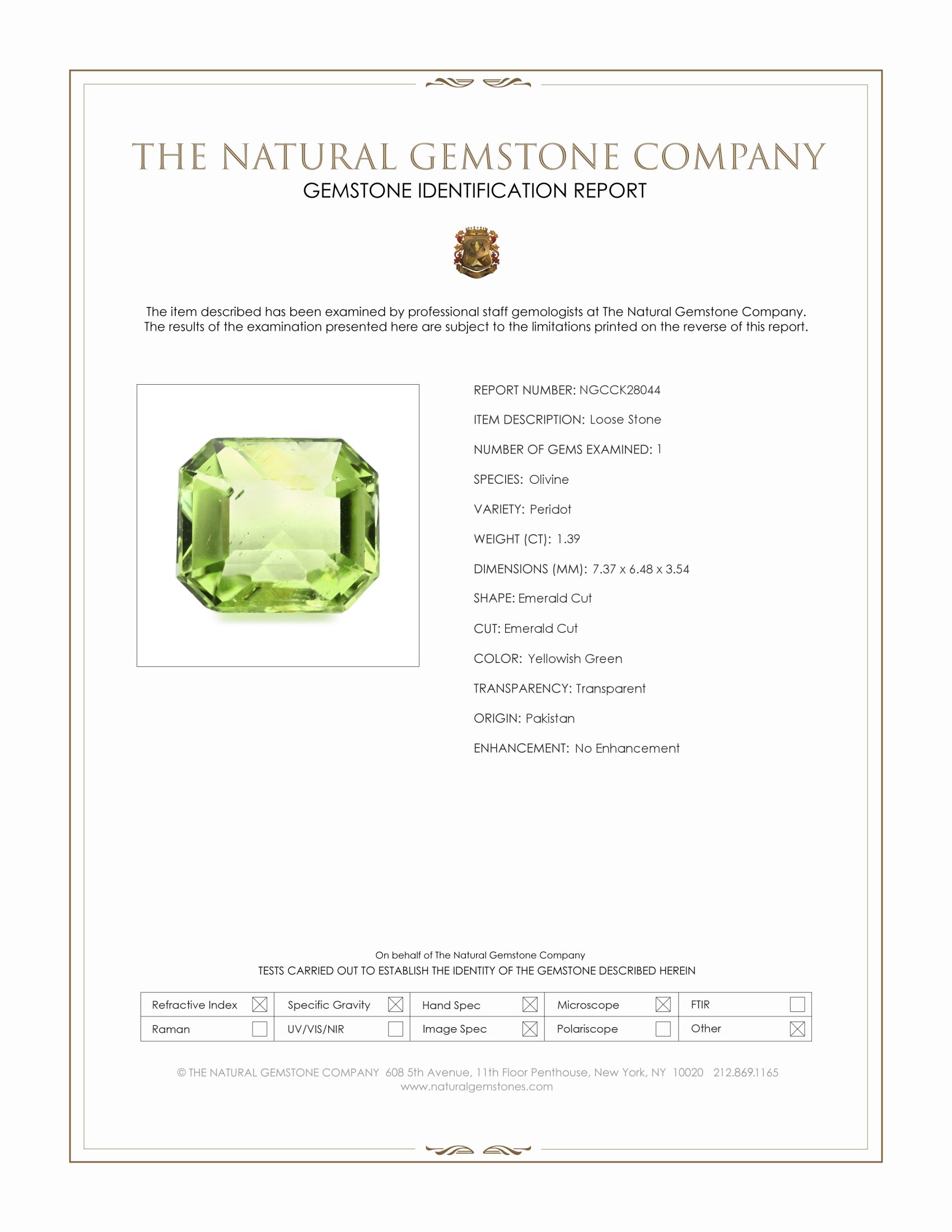 1.39 Ct. Yellowish Green Peridot from Pakistan
