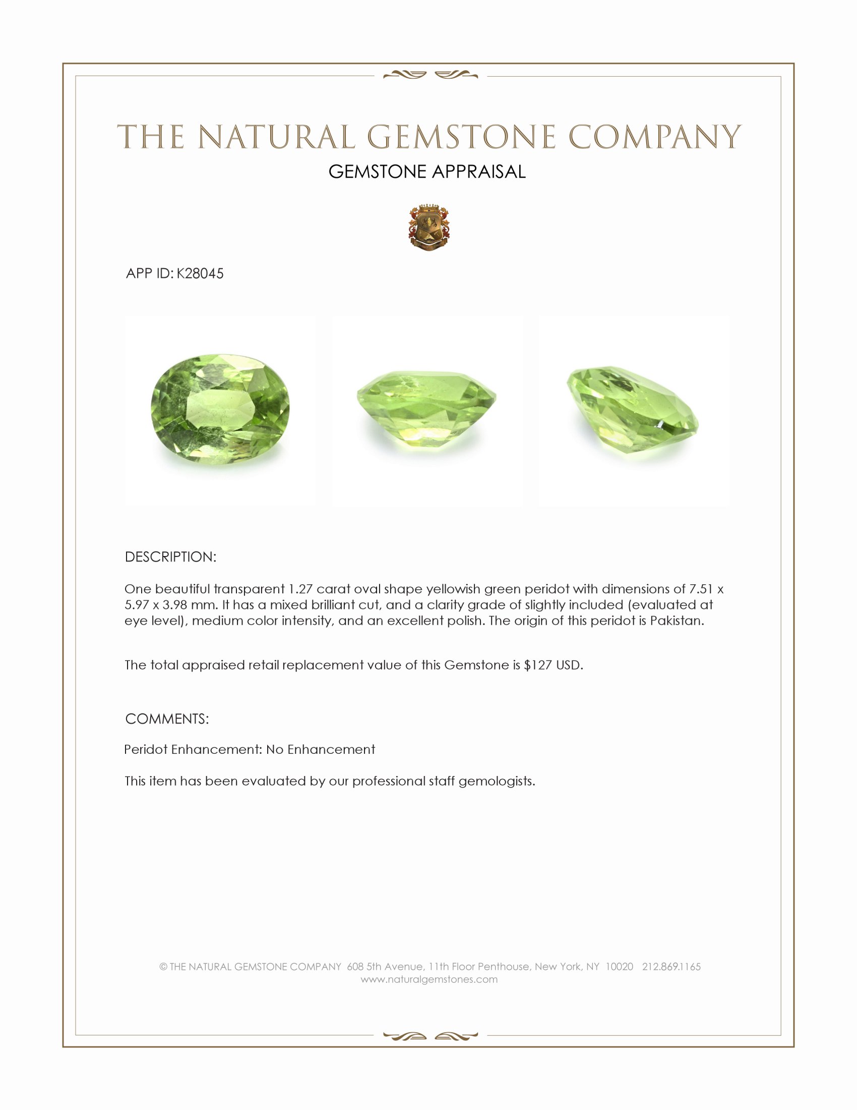 1.27 Ct. Yellowish Green Peridot from Pakistan