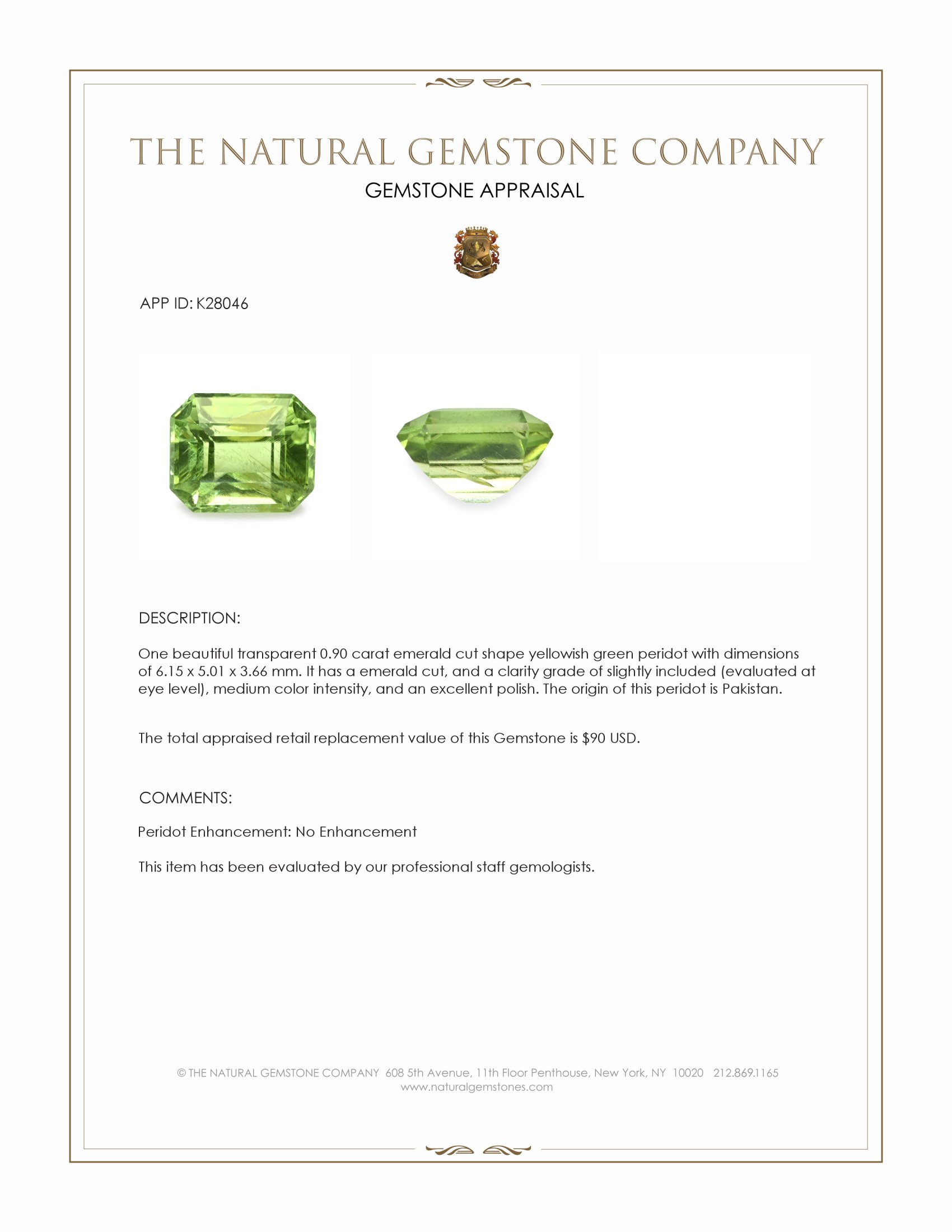 0.90 Ct. Yellowish Green Peridot from Pakistan
