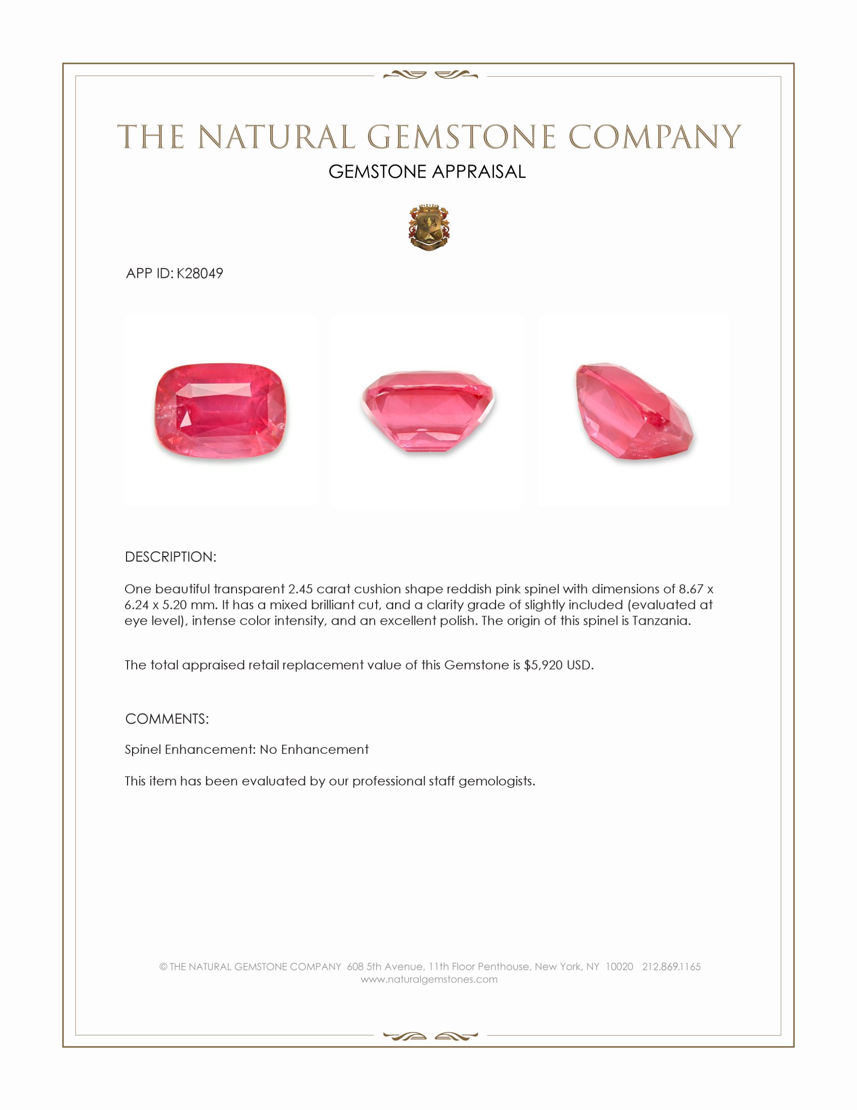 2.45 Ct. Reddish Pink Spinel from Tanzania